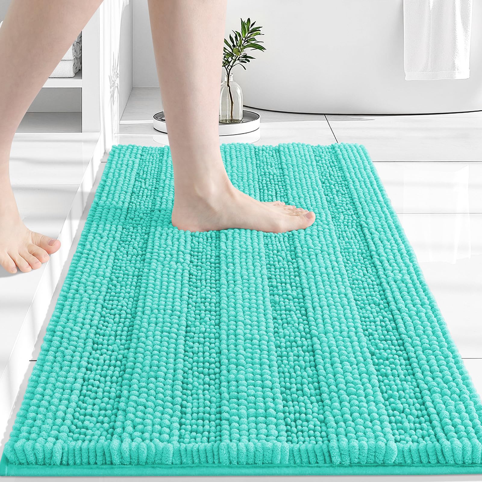 Grandaily Luxury Chenille Striped Bathroom Rugs, Extra Thick Bath Mats Soft and Absorbent Shaggy Bath Rugs, Machine Washable Plush Rug Carpet for Living Room and Laundry Room 17" x 24", Turquoise