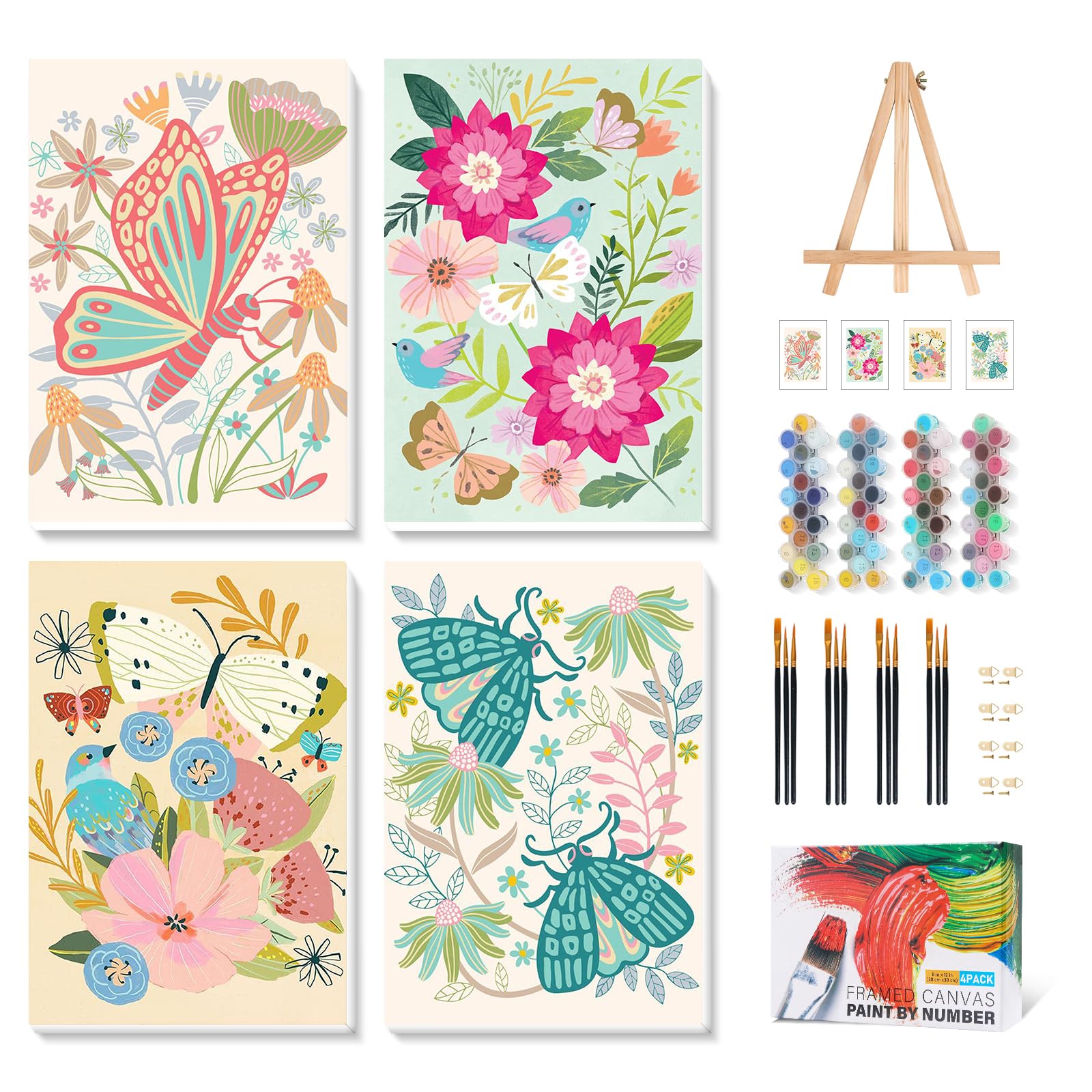 4 Pack Framed Paint by Numbers Kit for Adults with Wooden Easel, Flowers Paint by Numbers with Frame for Beginner, Butterfly Adult Paints by Number Kits on Canvas Framed for Wall Decor 8 x 12 Inch