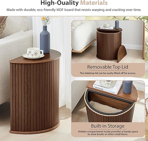 Miniatura 4 de LEVNARY Juego de 2 mesas auxiliares redondas anidables, mesas auxiliares de media luna con tapas de almacenamiento, mesitas de noche estriadas con