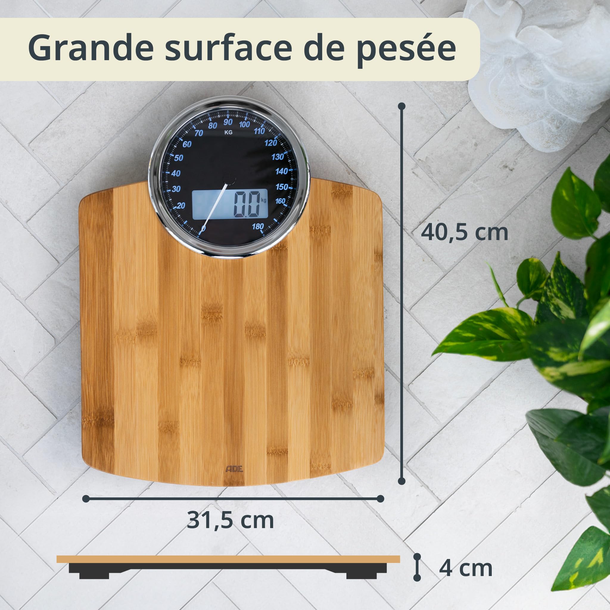 ADE Balance Pese personne numérique avec affichage analogique | grand écran | résultats très précis jusqu'à 180 kg | surface de pesée en véritable bois de bambou