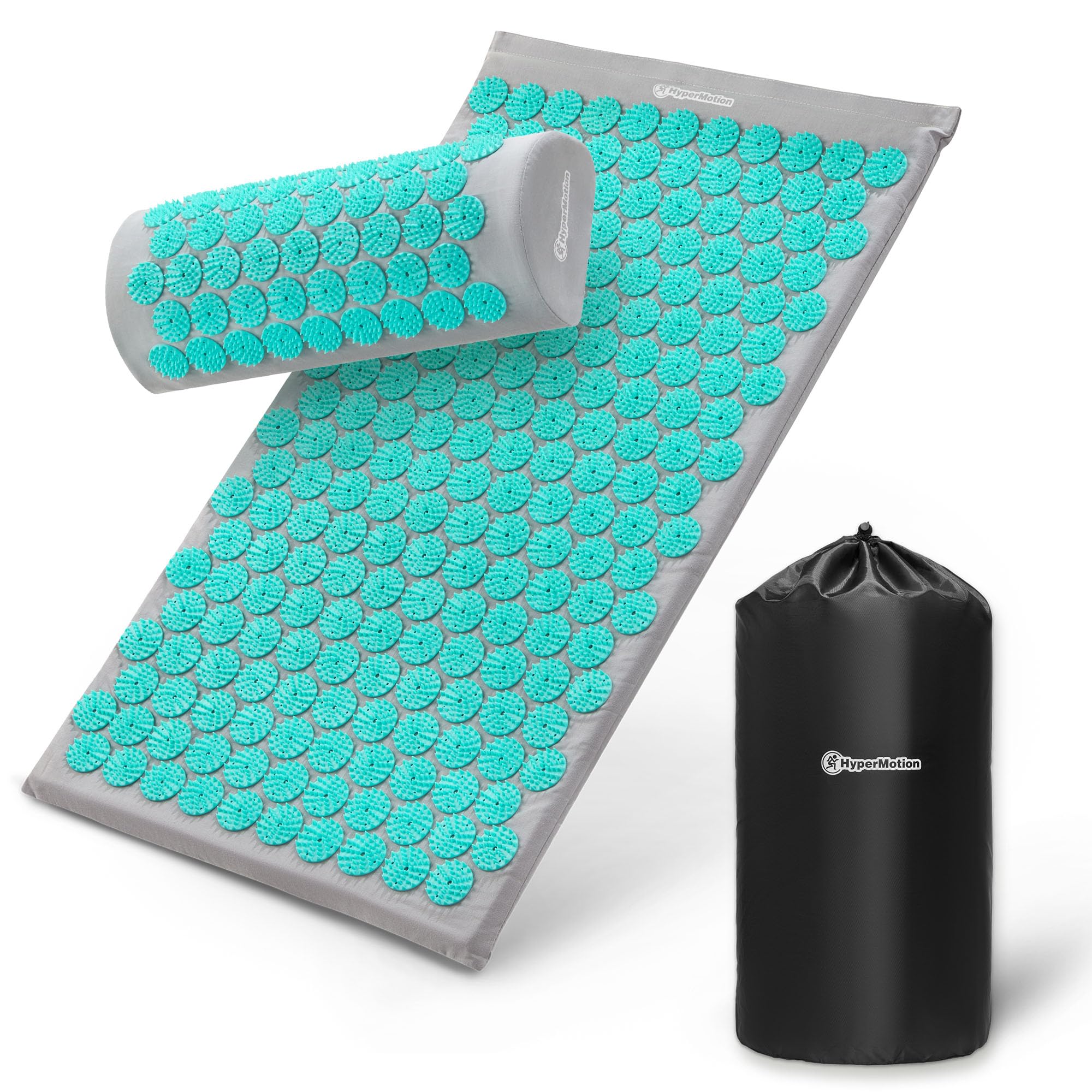 HyperMotion Akupressurmatte mit Kissen Eco - Akupunktur Matte - Massagematte Ganzkörpermassage, Akupressurmatte Set für Entspannung, Kokosfaser und Buchweizen, Grau-Mint, 72 x 42 x 2 cm