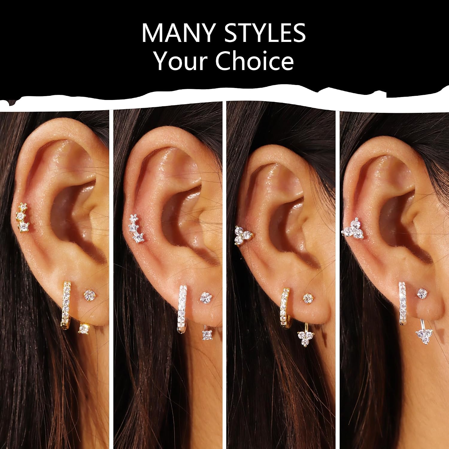 3 Pairs Silver Earrings for Women Trendy Silver Stud Hoop Earrings Stacks for Multiple Piercing Dainty Cartilage Huggie Hoop Earrings Hypoallergenic Small Cubic Zirconia Stud Hoop Earrings Set