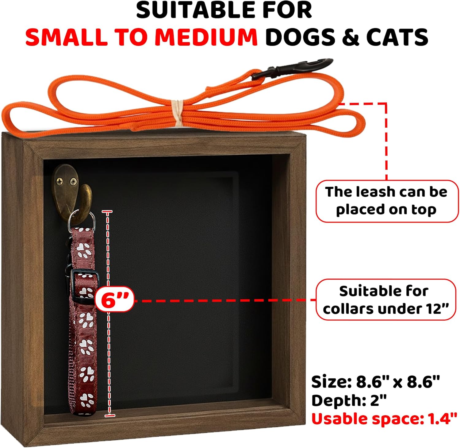 8.6'' Pet Memorial Shadow Box, Rustic Collar Holder Picture Frame, Paw Print Kit, Dog Wooden Sculpture, Pet Hair Fur Jar, Cat Memorial Keychain, Dogs Sympathy Card, Gift for Pet Lovers PSD-4R