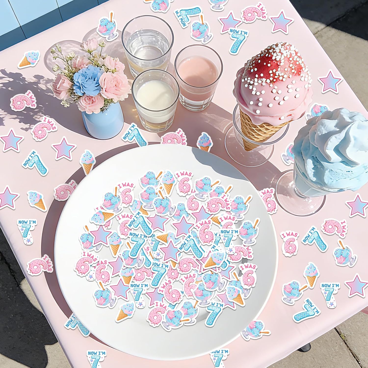 200Pcs 6-7 Six Seven Confetti,Donut Theme Six Seven Birthday Table Confetti, I Was 6 Now I'm 7 Paper Scatters for 7th Birthday/Anniversary Party Table Decoration