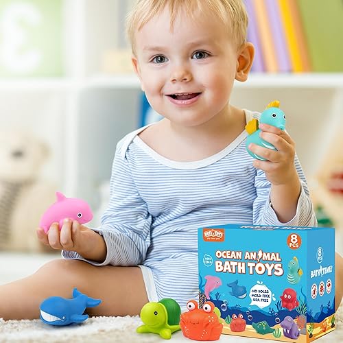 Miniatura 7 de LotFancy Juguetes de baño, juguetes de bañera sin moho para bebés y niños pequeños, 8 piezas sin agujeros, juguetes de baño de animales marinos del