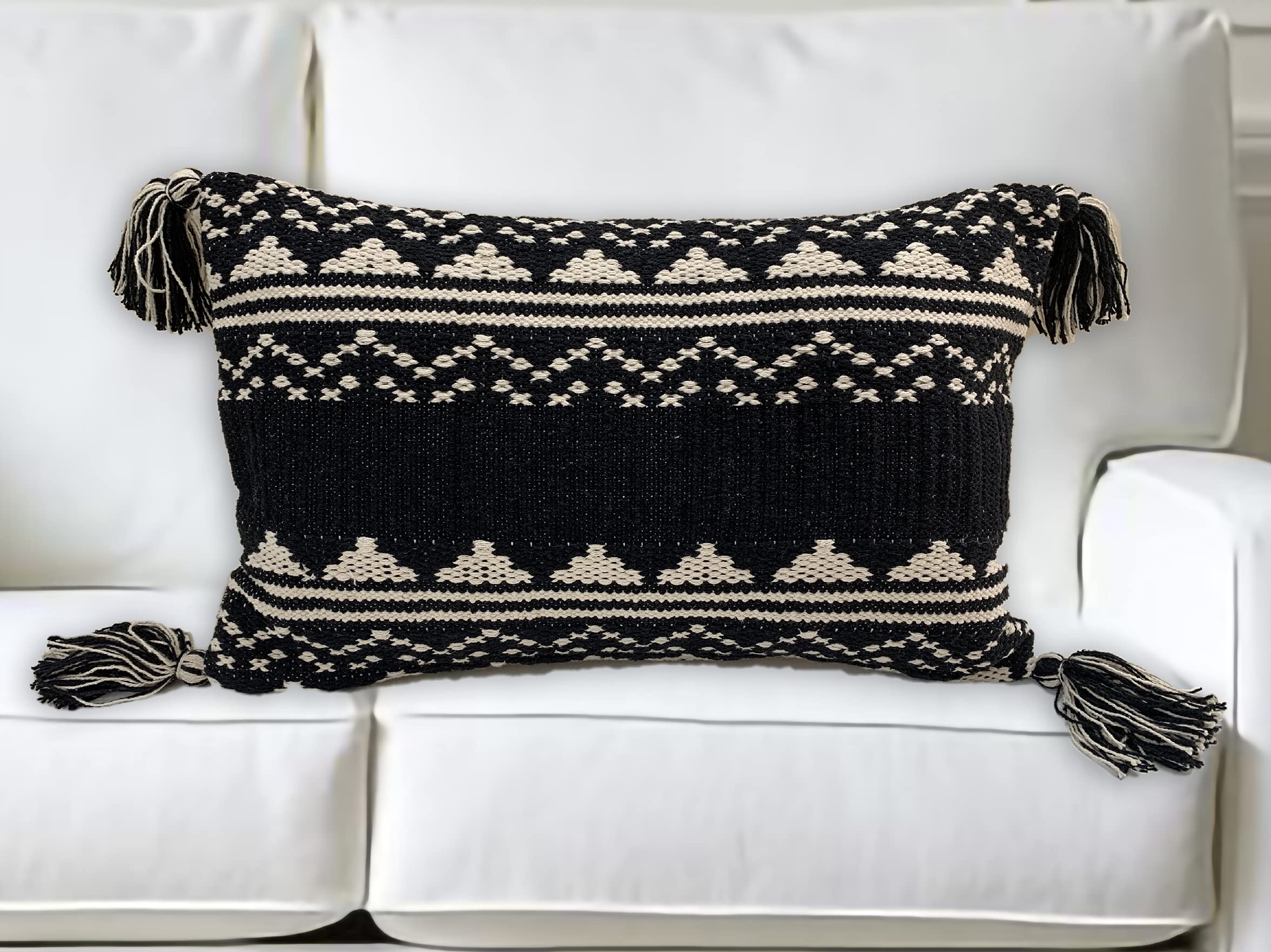 Boho Handloom Throw Pillow Covers for Couch, 12 x 20 Inch Cotton Hand-Woven Tufted Decorative Pillows Covers Bedroom Living Room, Farmhouse with Tassels