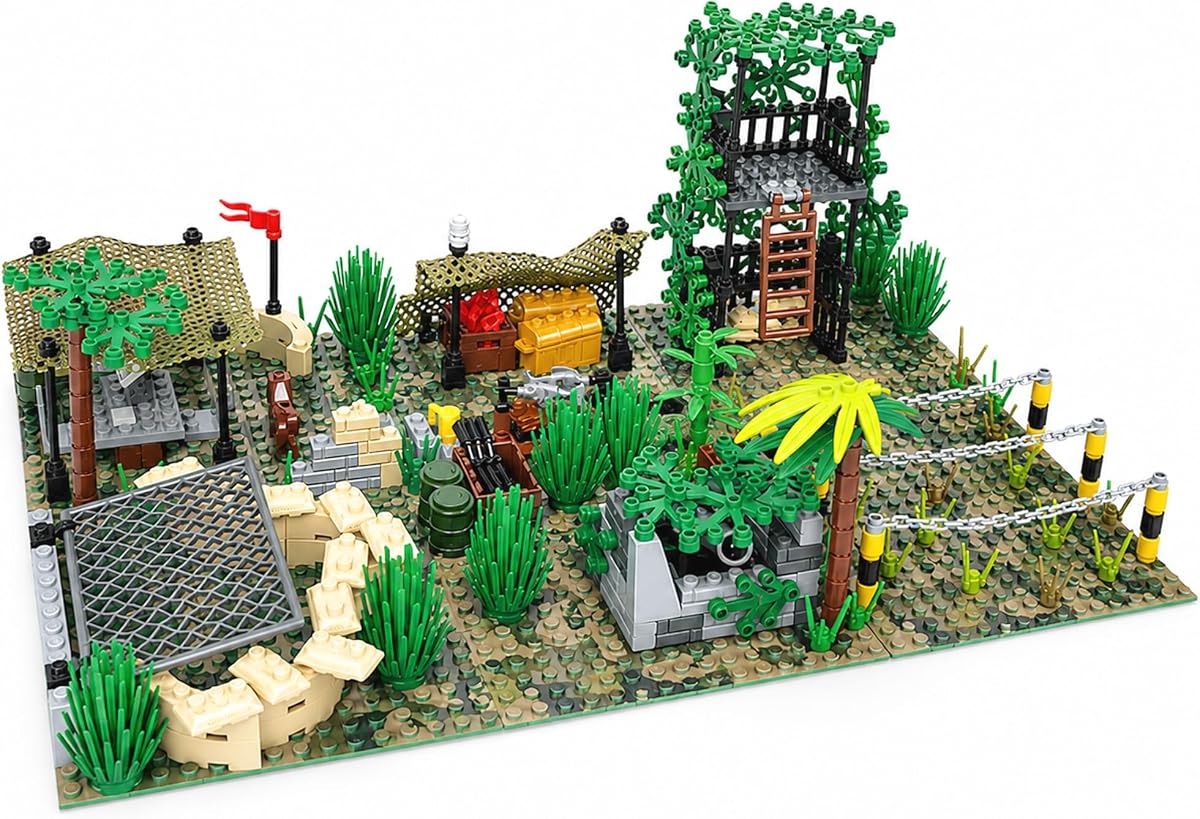 Military Army Base Building Set, 6-in-1 Jungle Battlefield, 352 Pieces | Six modules with a watchtower, bunker and combat camp, Compatible with Lego army base for custom layouts.