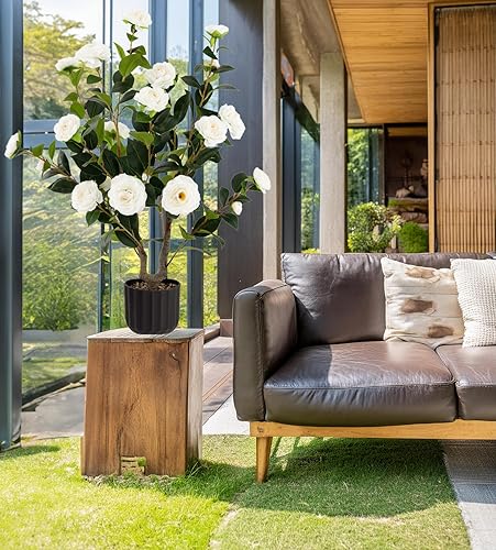 Miniatura 10 de Paquete de 2 árboles artificiales de camelia de 40 pulgadas con flores falsas para decoración de interiores y exteriores