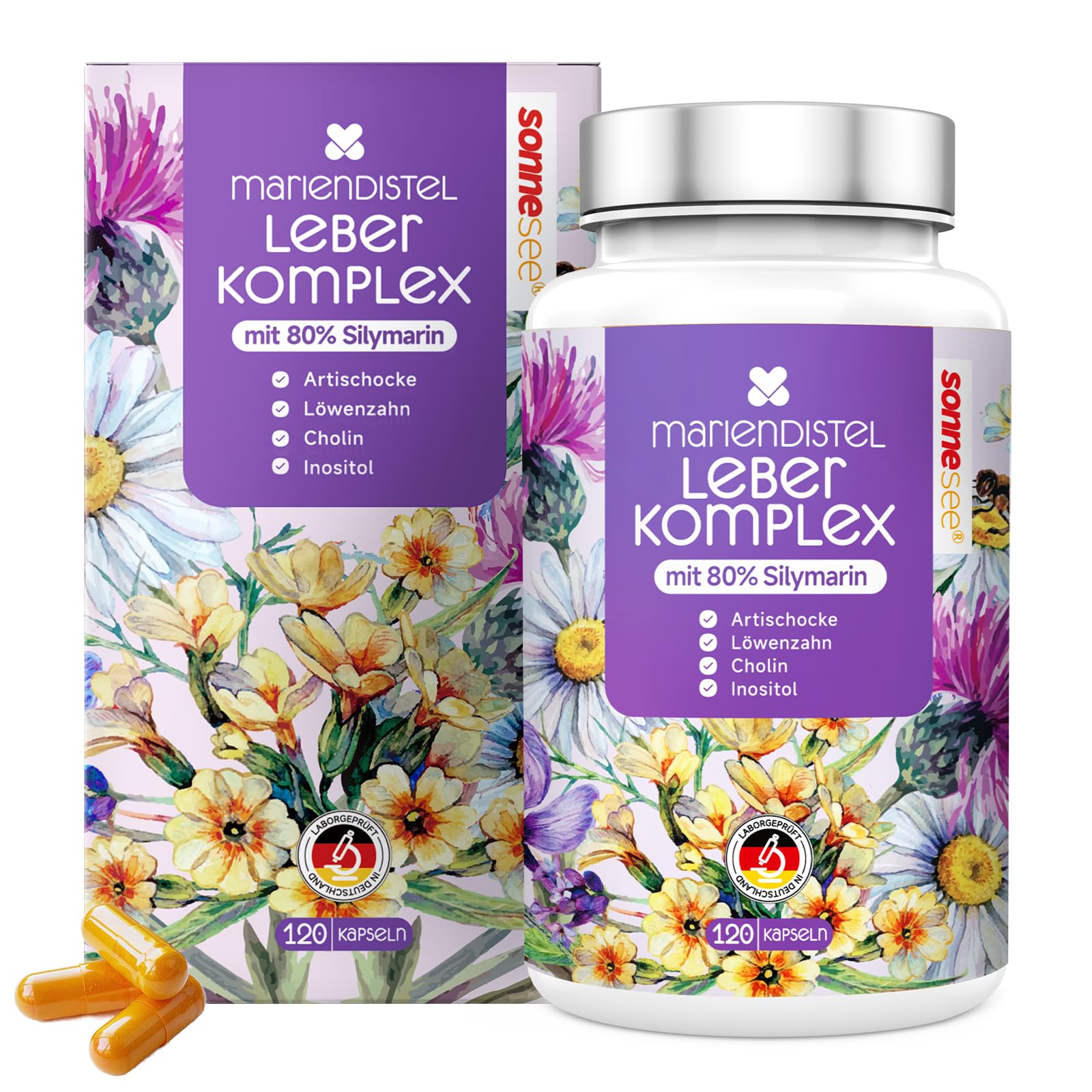 Leber Komplex 8-in-1 Mariendistel 120 Kapseln, Hochdosiert mit 80% Silymarin, Artischocke, Löwenzahn, Inositol Cholin trägt zu einem normalen Fettstoffwechsel bei Vegan