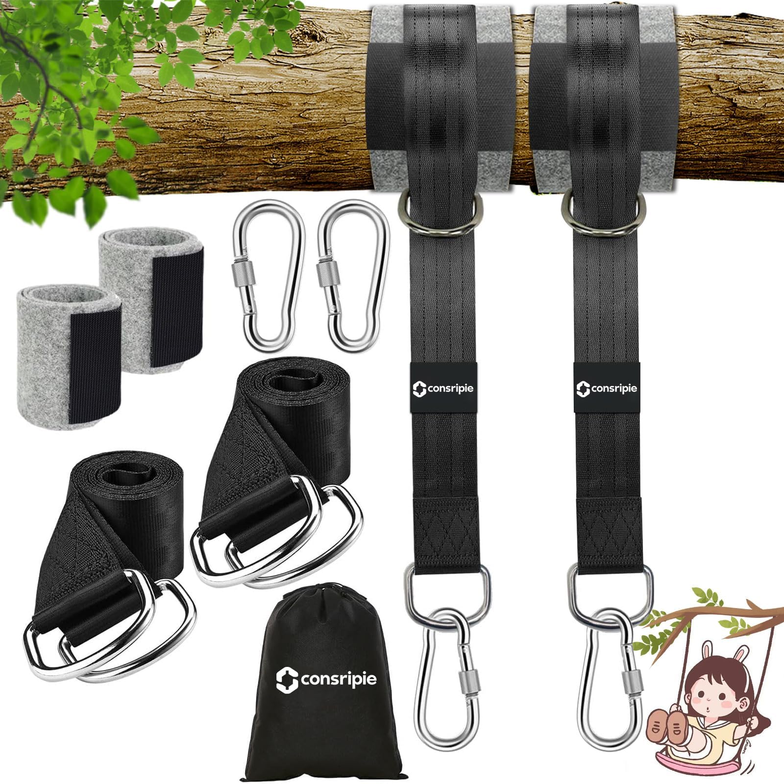900KG Schaukel Outdoor Befestigung Baum Schaukel Befestigung Hängematten Aufhängung Baumschaukel 150cm x 5cm Hängemattengurte Inklusive Karabinern D-Ringen, Aufbewahrungstasche und Baumschutzpolstern