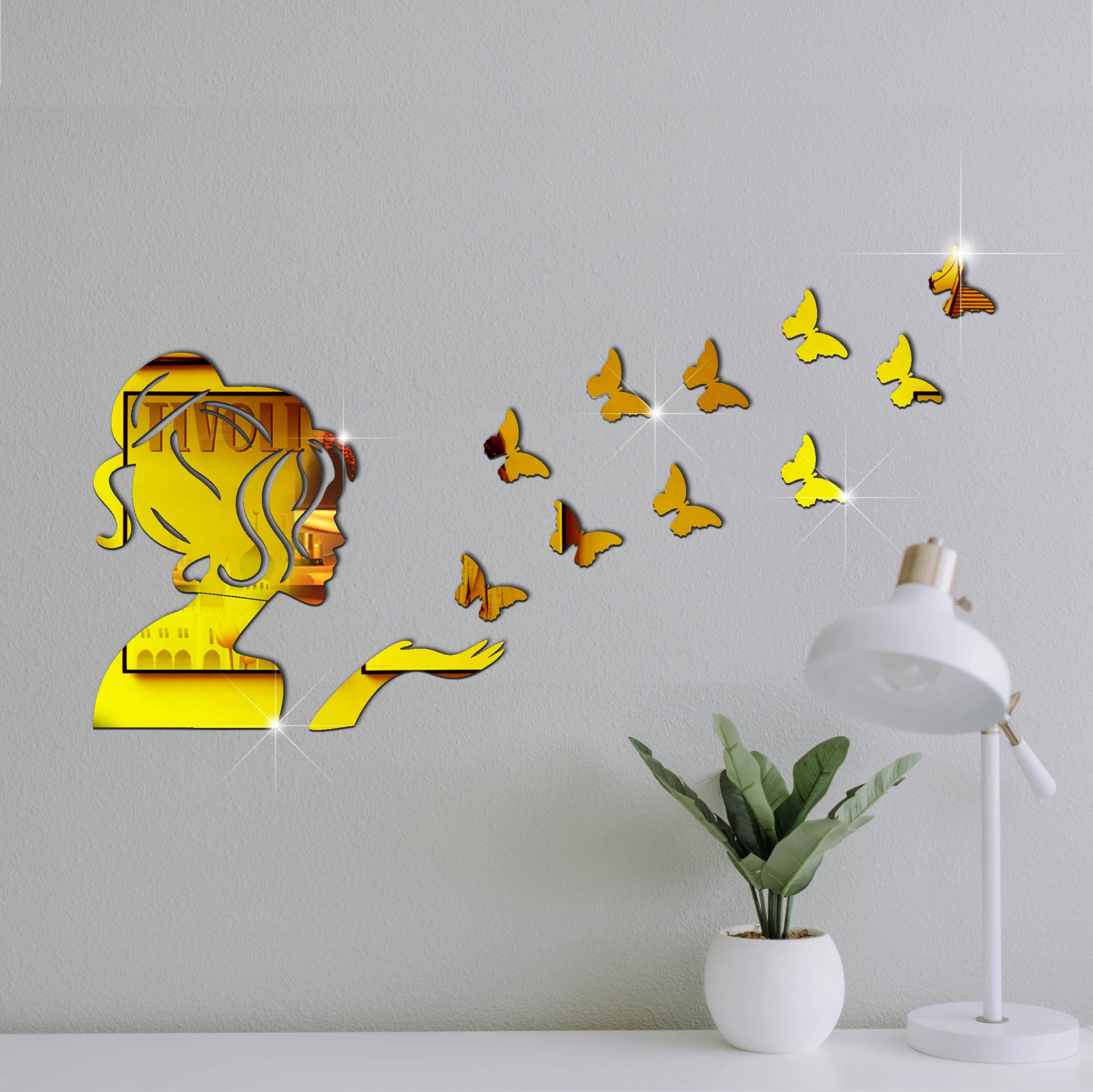 VAH- Kya Bat Hai !! Girl with Butterfly Silver Mirror Stickers for Wall Acrylic Wall 3D Stickers Wall Stickers for Room Hall Home and Office (Set of 13 Pieces) (Golden)-picture-14