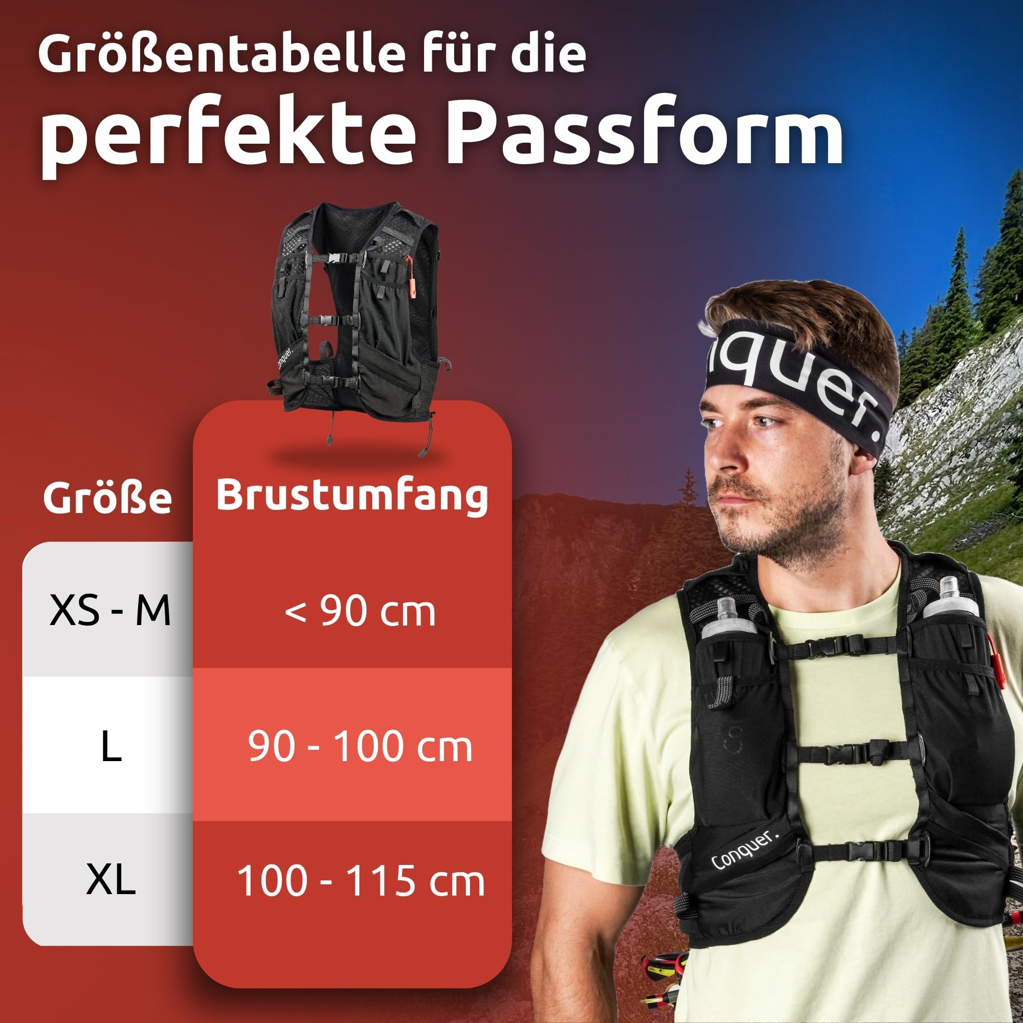 Conquer. Laufweste 15L mit 2L Trinkblase – Damen & Herren Trailrunning Rucksack mit Trinksystem | Laufrucksack für Marathon, Langstrecke & Joggen | Hydration Vest