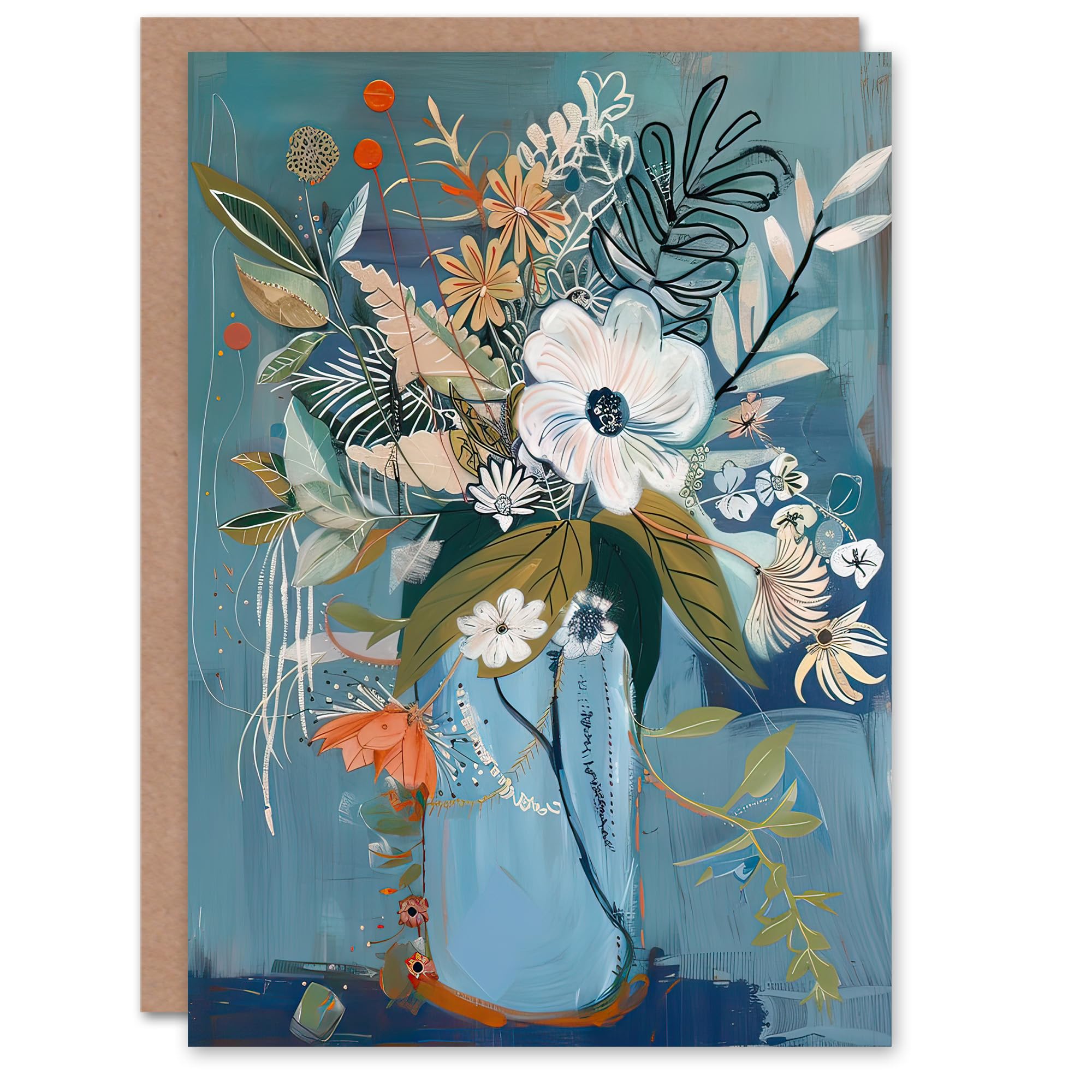Artery8 Greeting Card Elegant Botanical Bouquet Flowers in Blue Vase For Her Woman Mother's Day Card