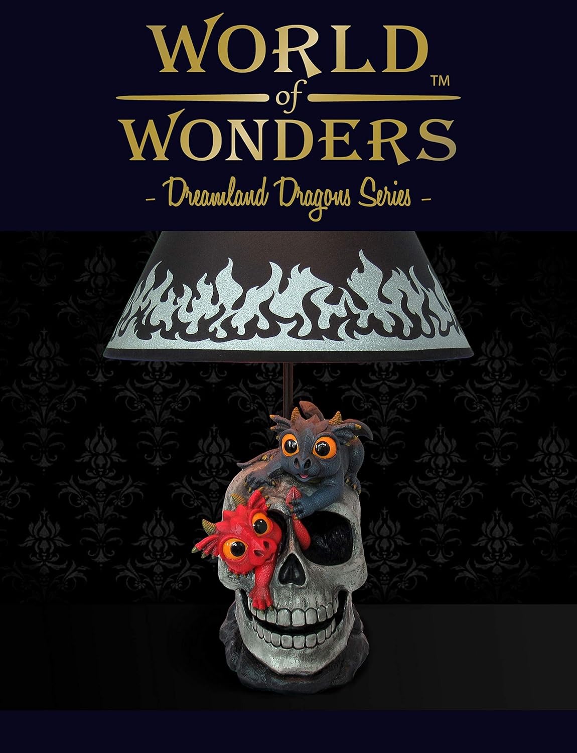 Amazing 🔥 World of Wonders - Dreamland Dragons Series - Mischief & Magic - Collectible Cute Dragon Table Lamp Ruby and Onyx Playing on Medieval Skull Fantasy Home Decor Lighting Accent Desk Light, 20-inch