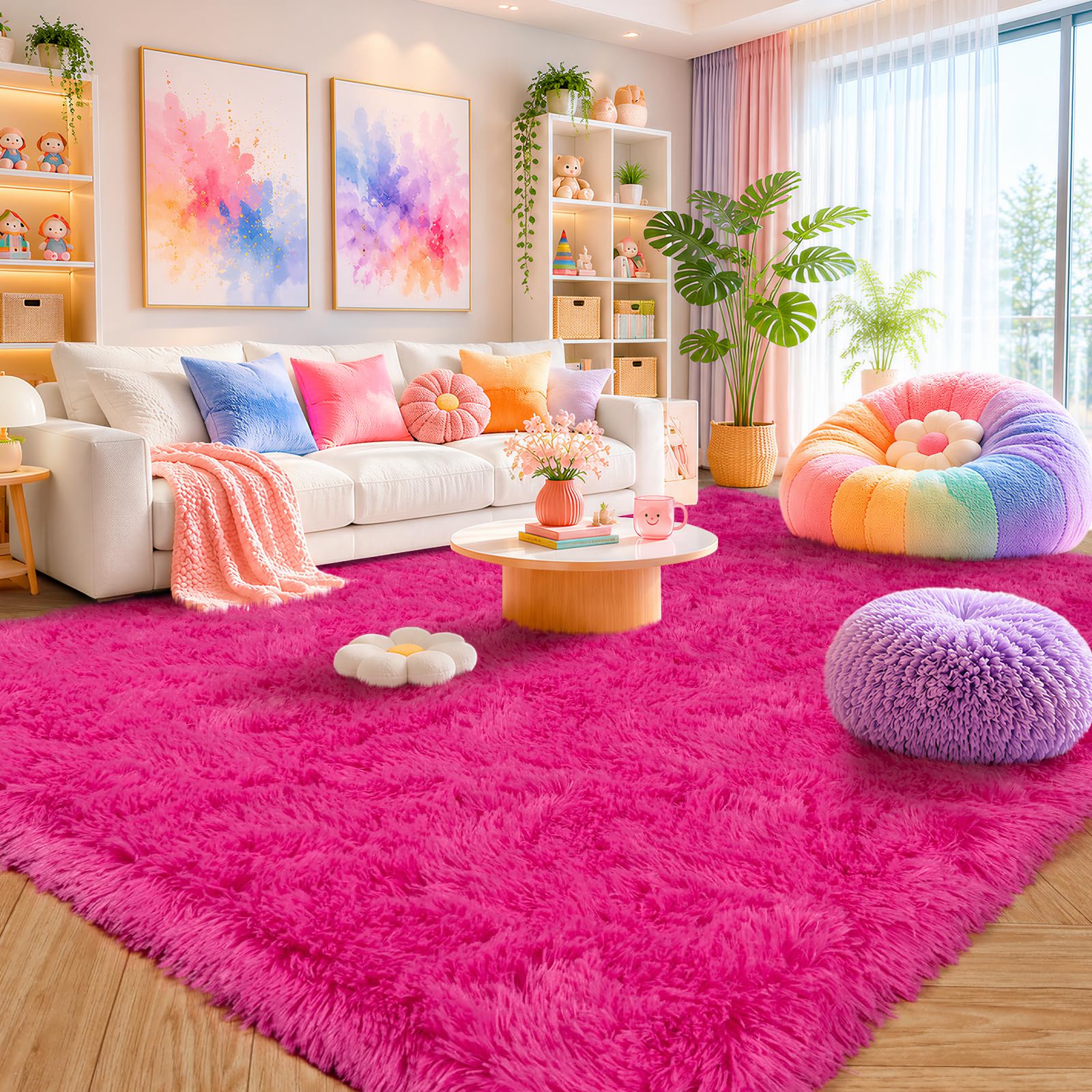 iEvery Hot Pink Rugs for Living Room Large 200x300 cm, Fluffy Shaggy Bedroom Carpet Non-Slip, Modern Soft Plush Indoor Rug Mat High Pile for Lounge Playroom Kids Girls Room