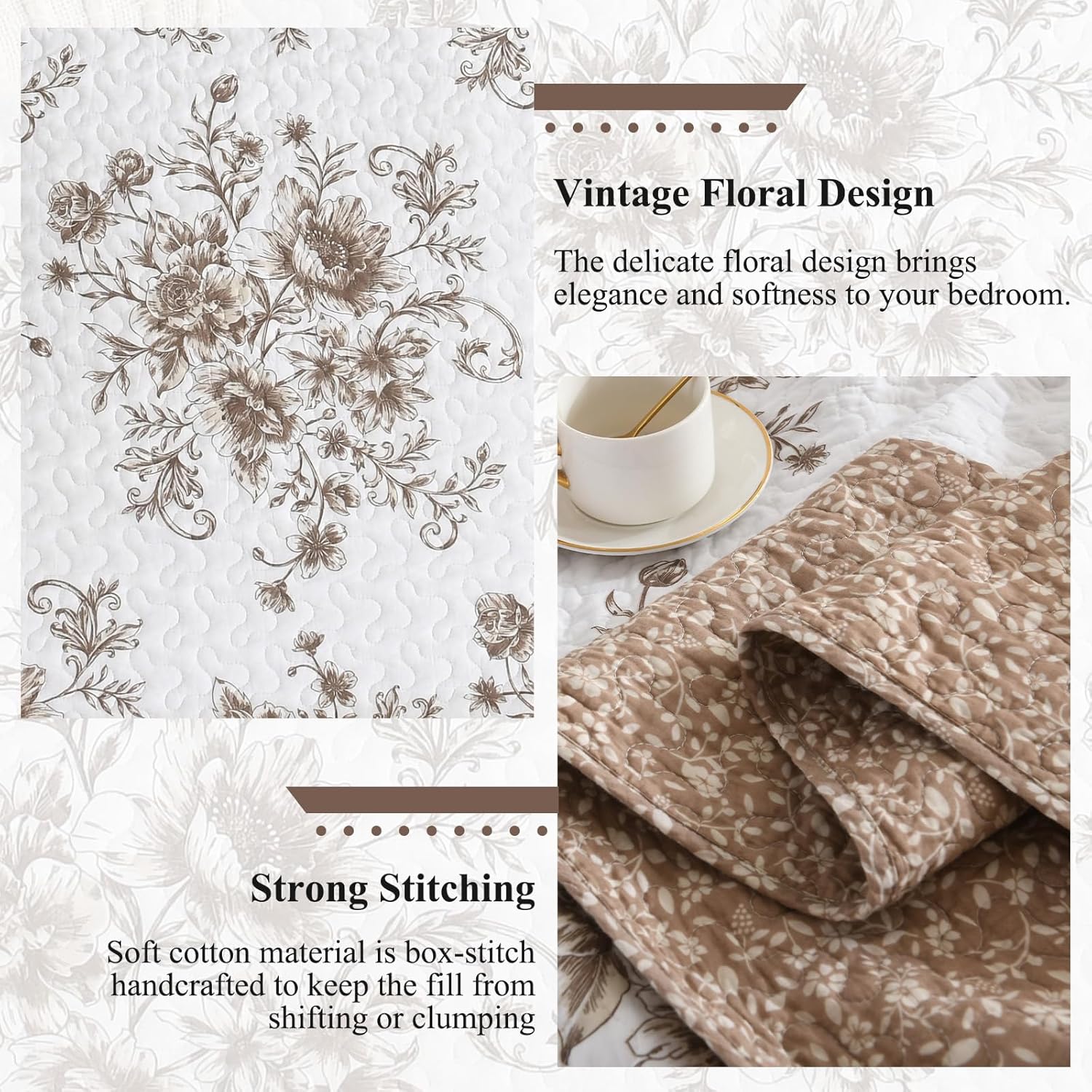 Queen Bedspreads 102x120 - Garden Floral Farmhouse Reversible Oversized Queen Quilt Set, 3-Piece Lightweight Thin Comforter Coverlet Set with 2 Pillow Shams, 100% Cotton, Brown/White