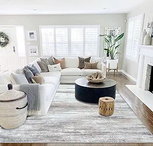 KOZYFLY 9x12 Area Rug Modern Ombre Thin Rugs for Living Room, Washable Rugs Large Non-Slip Soft Striped Rug for Bedroom, Print Distressed Beige Abstract Carpet for Laundry/Kid Room