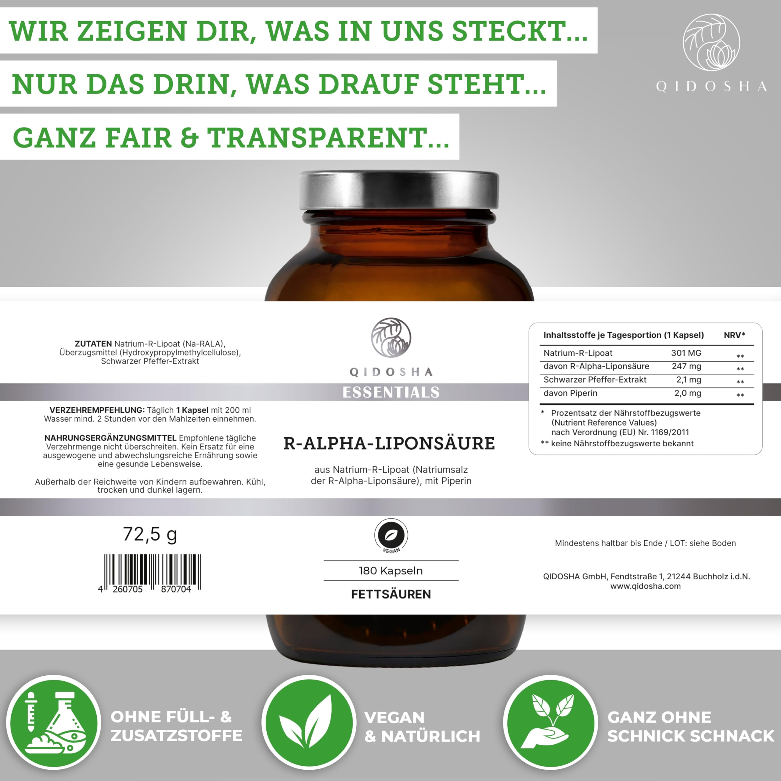 QIDOSHA® R-Alpha-Liponsäure, TESTSIEGER 07/23*, R-Alpha-Liponsäure Kapseln hochdosiert aus Na-R-Lipoat & Piperin als Bioenhancer, 180 Stk/Glas, erhöhte Bioverfügbarkeit dank Natrium-R-Lipoat