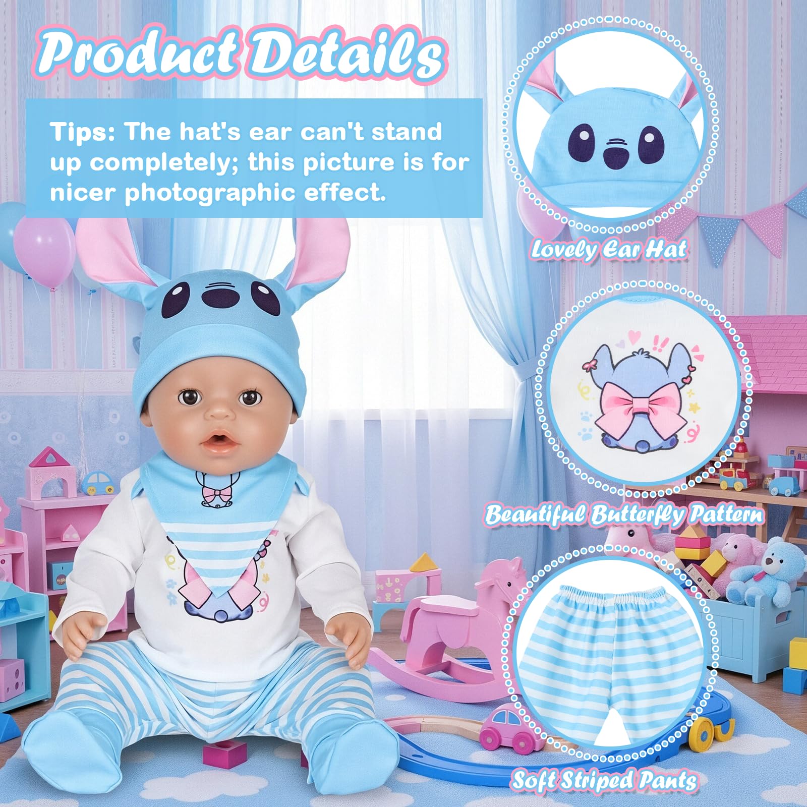 Doll Clothes for 14-18 Inch Baby Dolls, 35-45cm Baby Doll Outfits Clothes with Sweet Blue Top Trousers Hat Bib Socks Hangers - Image 3
