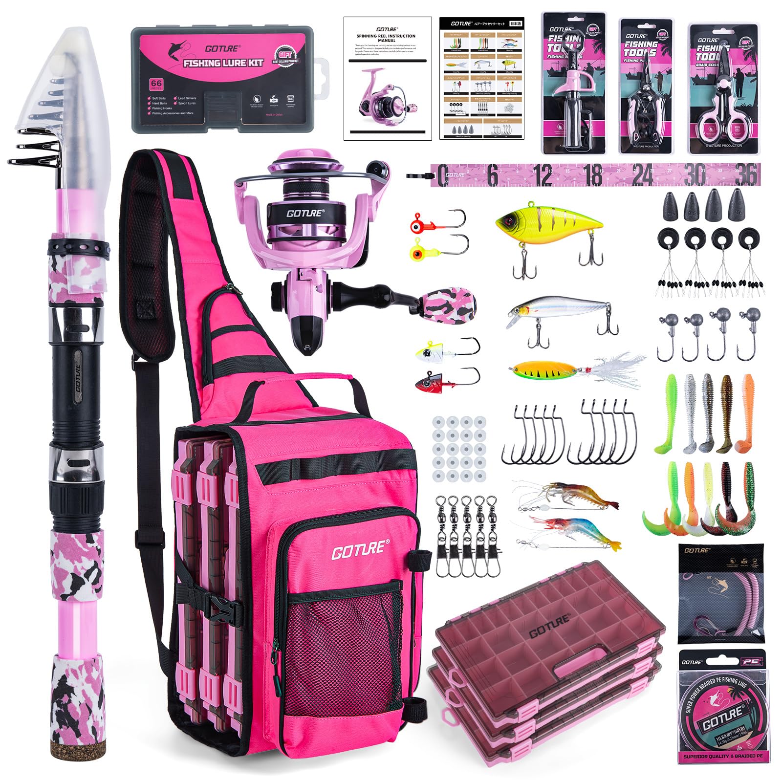 Goture Pink Fishing Rod and Reel Combos with 20L Sling Bag, Telescopic Pole Spinning Reel Lures 3 Tackle Boxes Set, Telescopic Fishing Rod Fishing Kit for Travel Saltwater Freshwater 2.7M A1