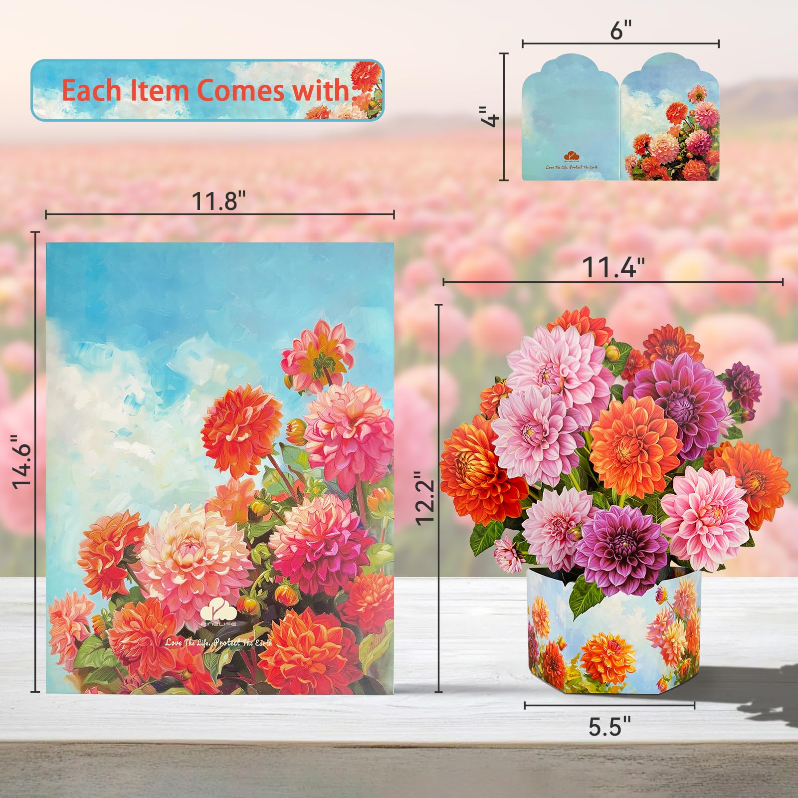 Tarjetas de felicitación desplegables, ramos de flores de papel de dalia