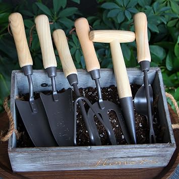 Japanese Gardening Tools Set, 6 Pcs Garden Tools Set, Black Painted Stainless Steel Heavy Duty Gardening Tools Kit, Hand Trowel, Dibble, Hand Rake, Weeder, Transplanter and Hand Folk...