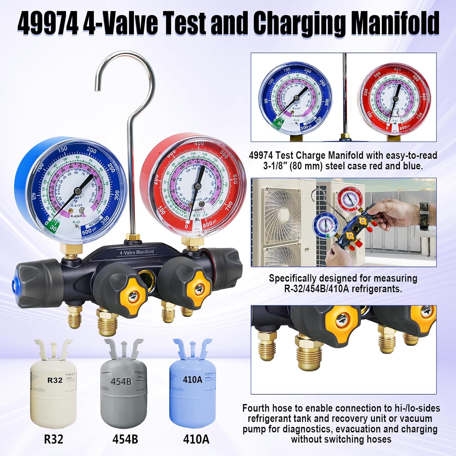 49974 A2L 4-Valve Test and Charging Manifold Only, 3-1/8" (80mm) Gauges, for R-32/454B/410A, HVAC Manifold Gauge, A/C Manifold Gauge (No Hoses)