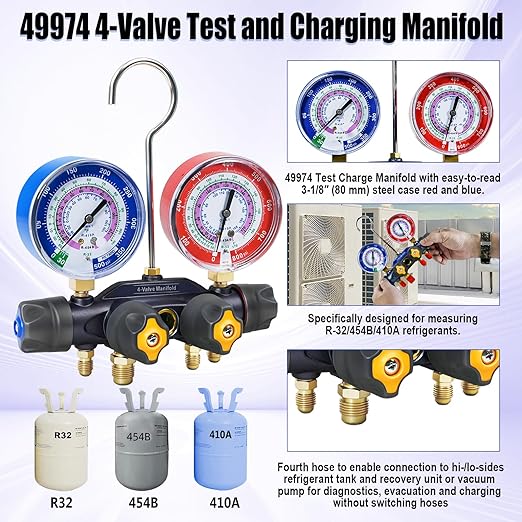 Manifold de prueba y carga 4 válvulas 49974 80mm para R-32/454B/410A miniatura 2
