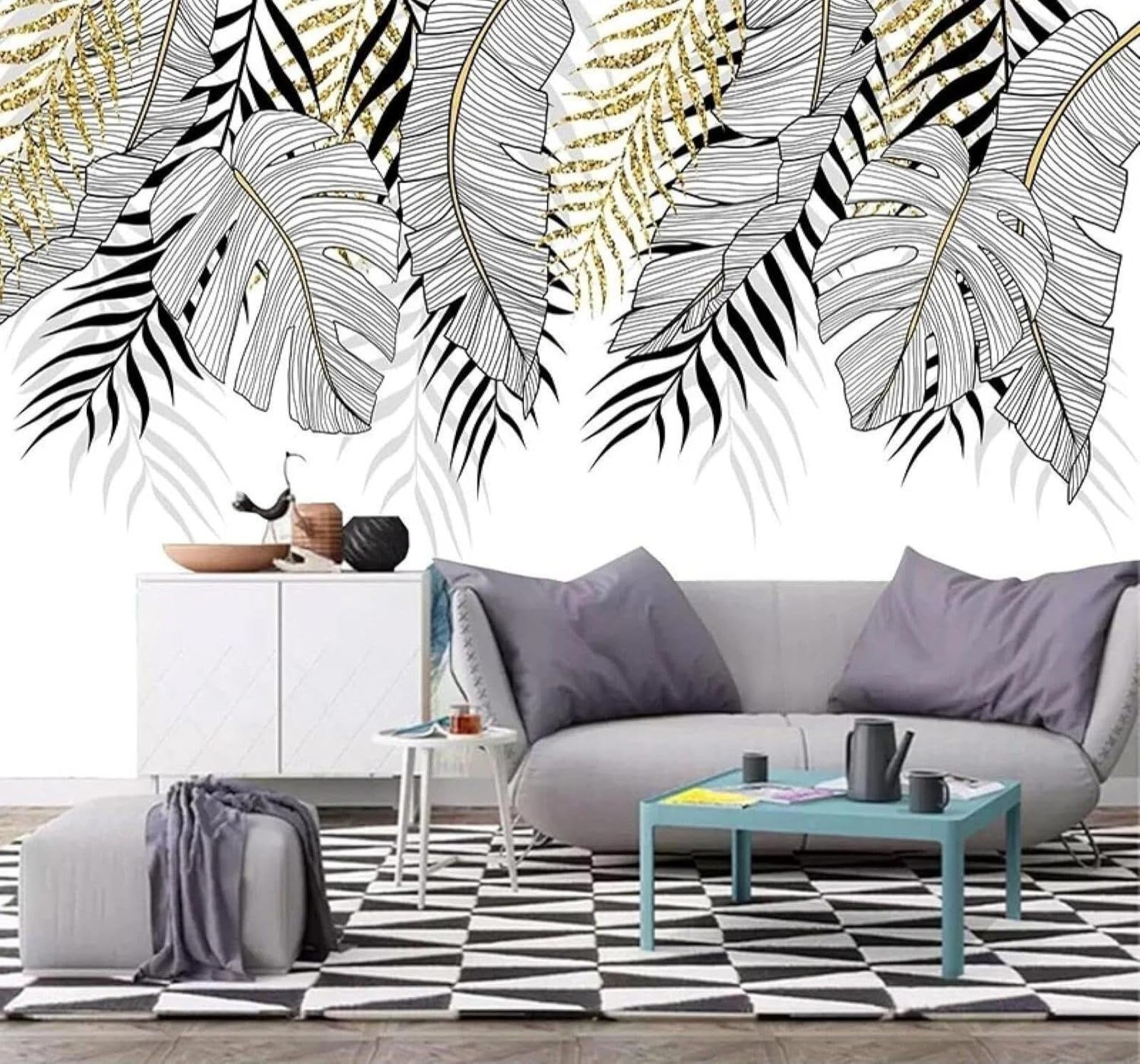 XLMING Hand Drawn Minimalist Black and White Gold Leaves 3D Wallpaper Silky Texture Home Study Office Grey Dining Room Sofa Bedroom Living Room TV Backdrop-430cm×300cm