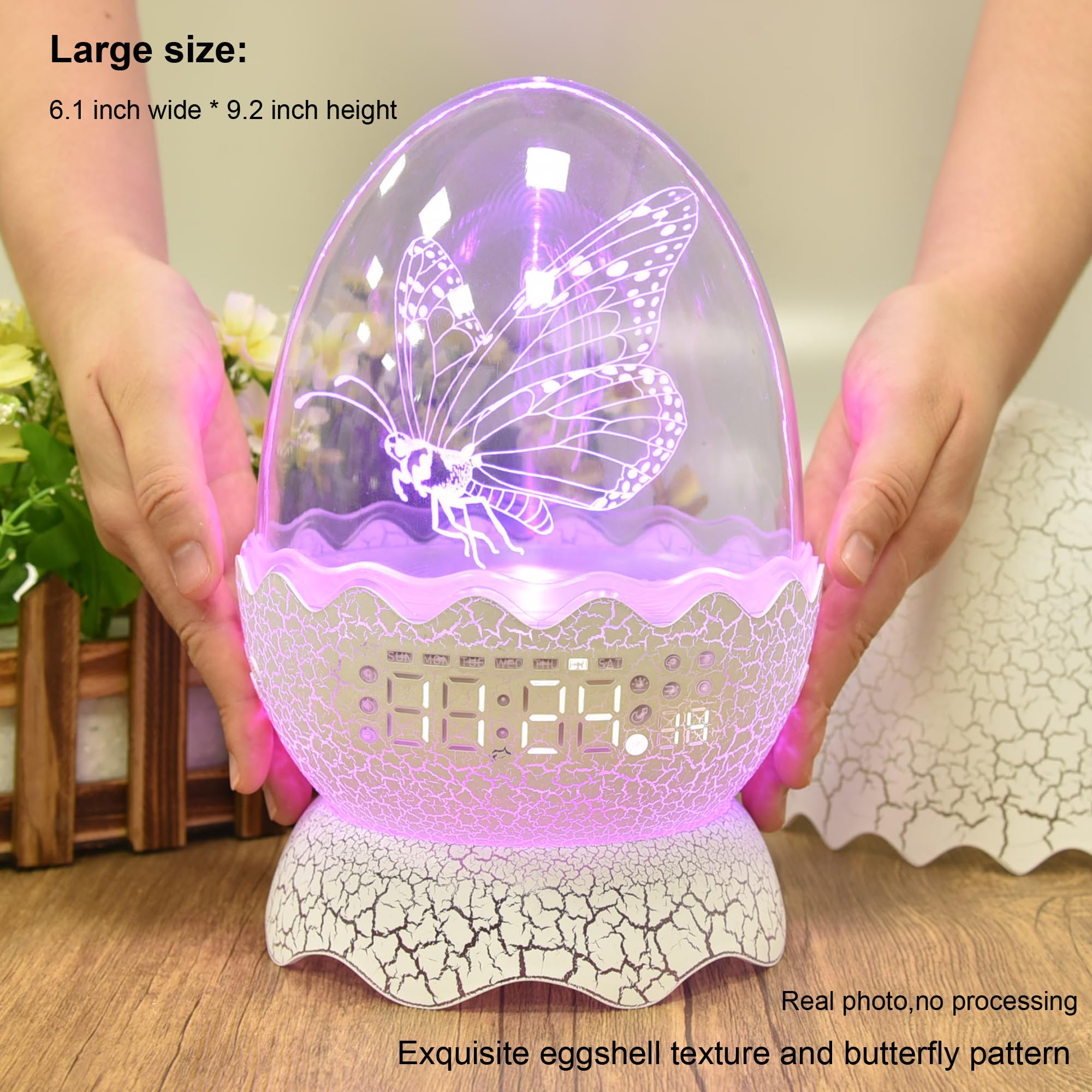 Butterfly Night Light/Egg Alarm Clock/Sleep Aid Music Speaker 4 in 1, Remote Control 16 Colors Wireless Bluetooth Speaker Box, Decor Ideal & Unique Clock for Bedroom/Living Room/Office