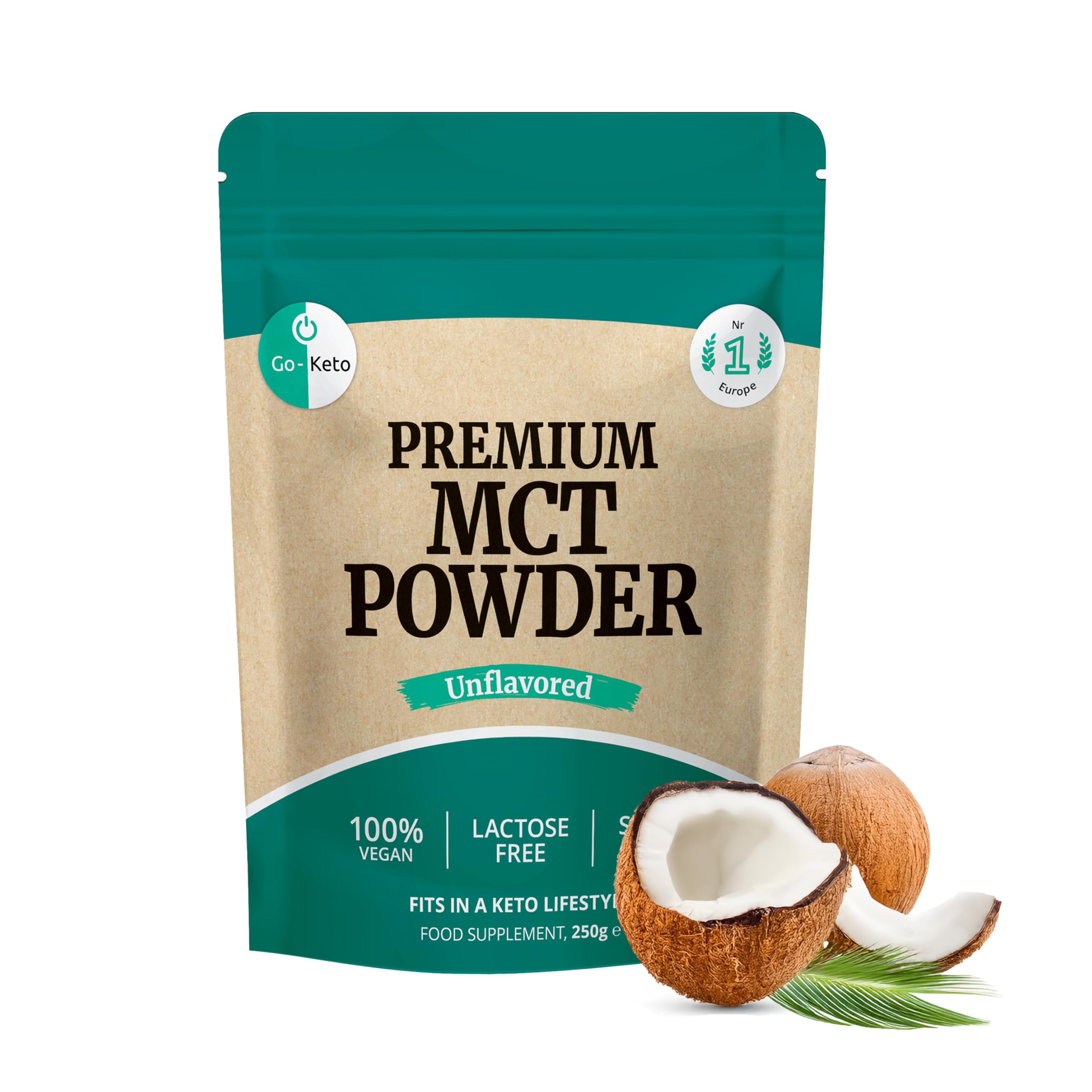 Go-Keto MCT Powder, 250g | Premium Polvere MCT C8/C10, 100% olio di cocco, no olio di palma | perfetto dieta chetogenica | crema di caffè cheto per caffè o frullato cheto | Paleo, vegano
