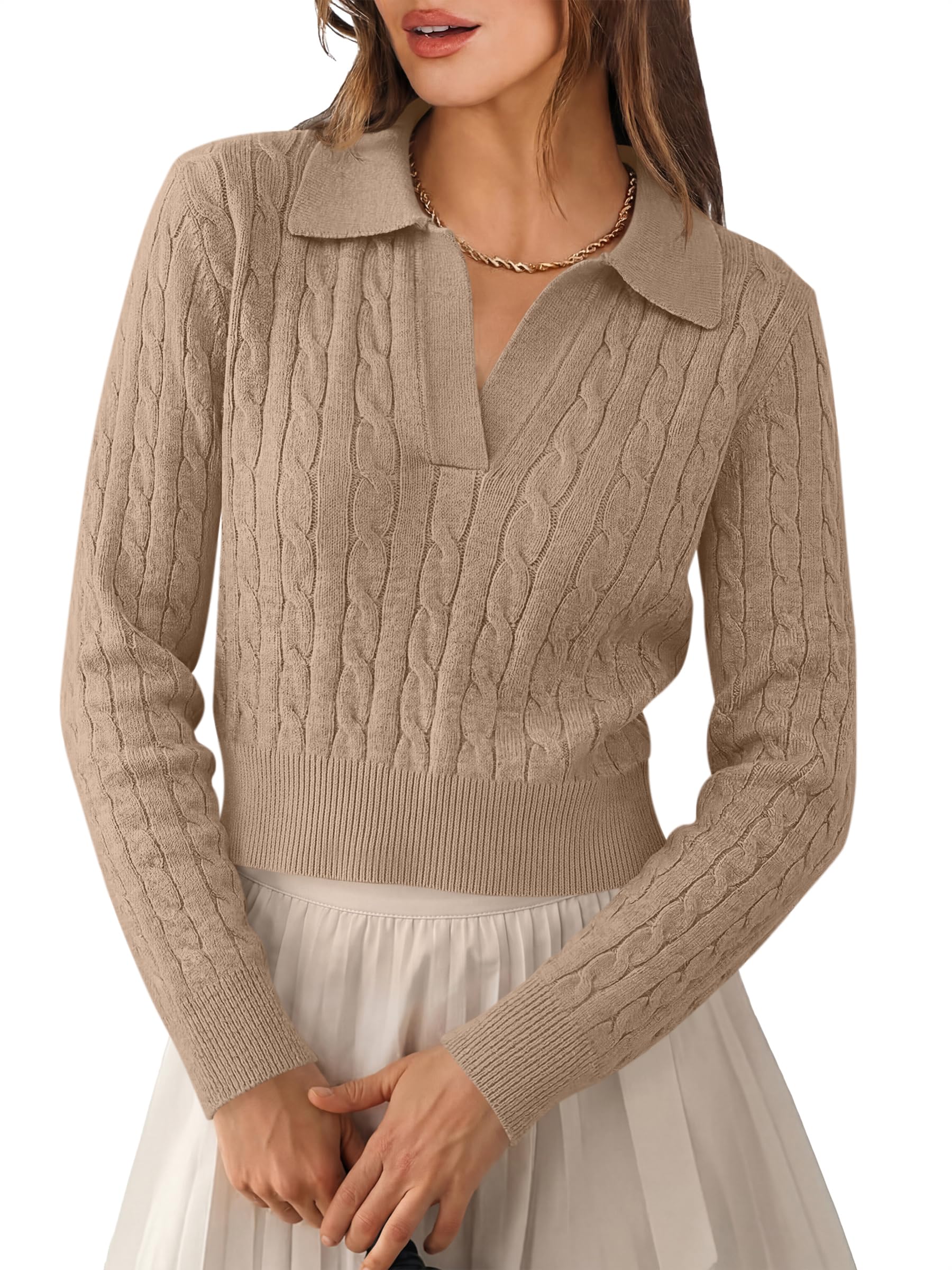 ANRABESS Sweaters for Women Cable Knit Long Sleeve Polo V Neck Fall Outfits