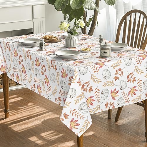 Miniatura 3 de Horaldaily Mantel de otoño de 60 x 104 pulgadas, mantel de Acción de Gracias, cosecha de otoño, calabaza blanca, hojas naranjas, para decoración de