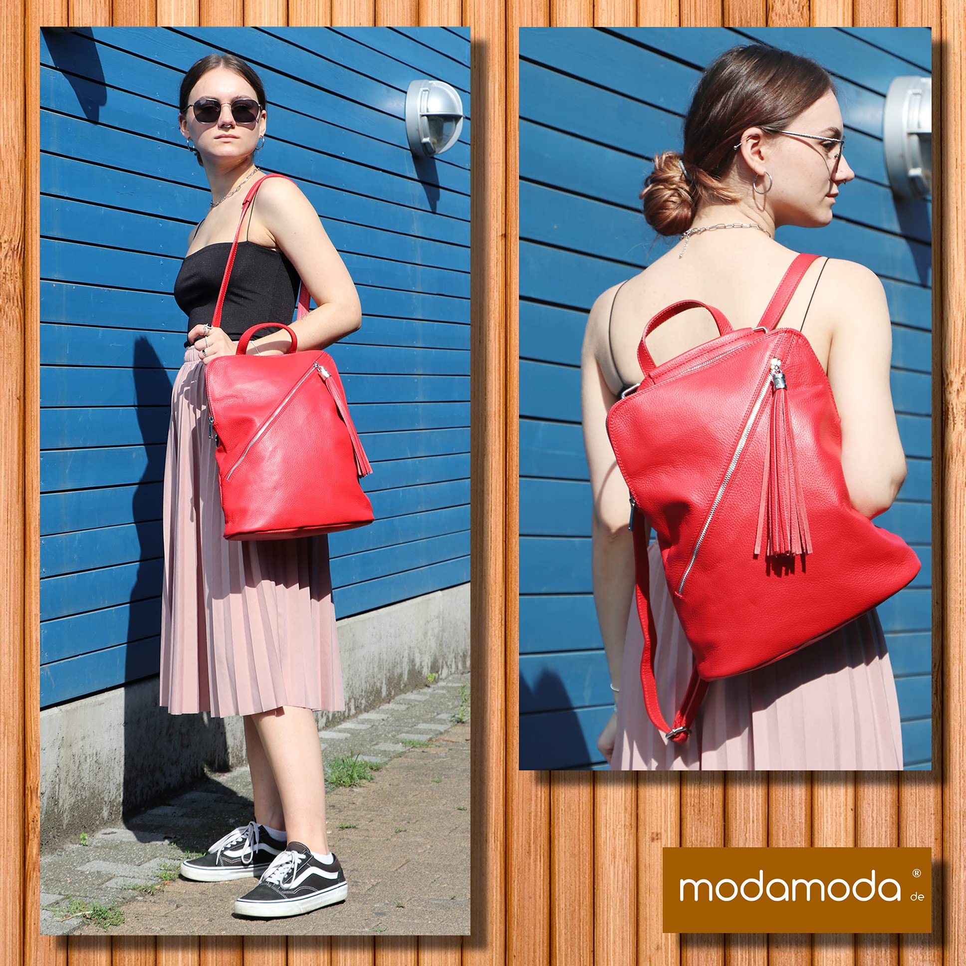 modamoda de T161 Damen Leder Rucksack Handtasche handmade in Italy, Farbe:Rosabeige2021