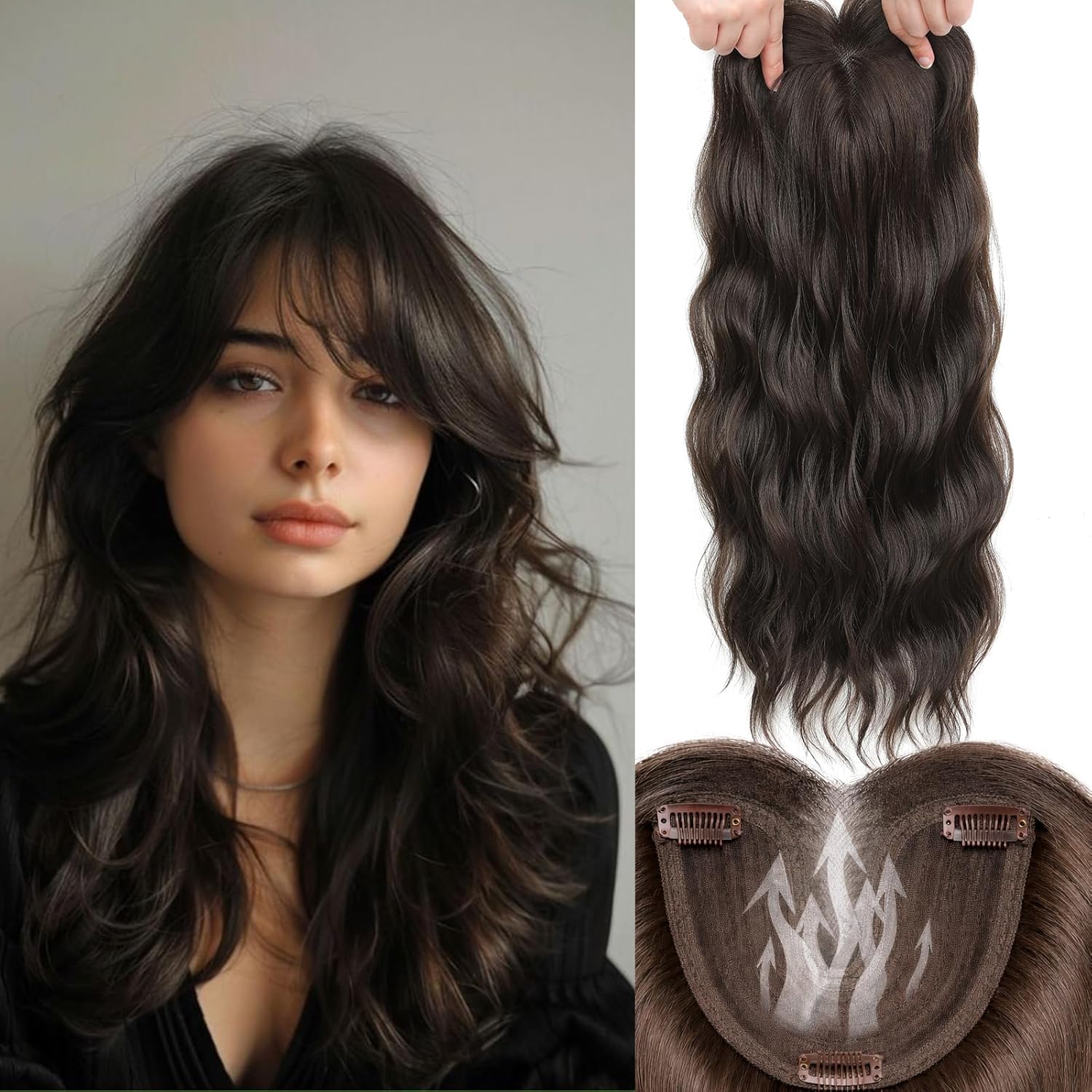 Hair Toppers for Women, 20 Inch Hand Tied Breathable Toppers Hair Pieces for Women with Thinning Crown Part Clip in Bangs Mix Human Hair Curly Lightweight Wiglets (Dark Chestnu Brown Wsipy, Bangs)