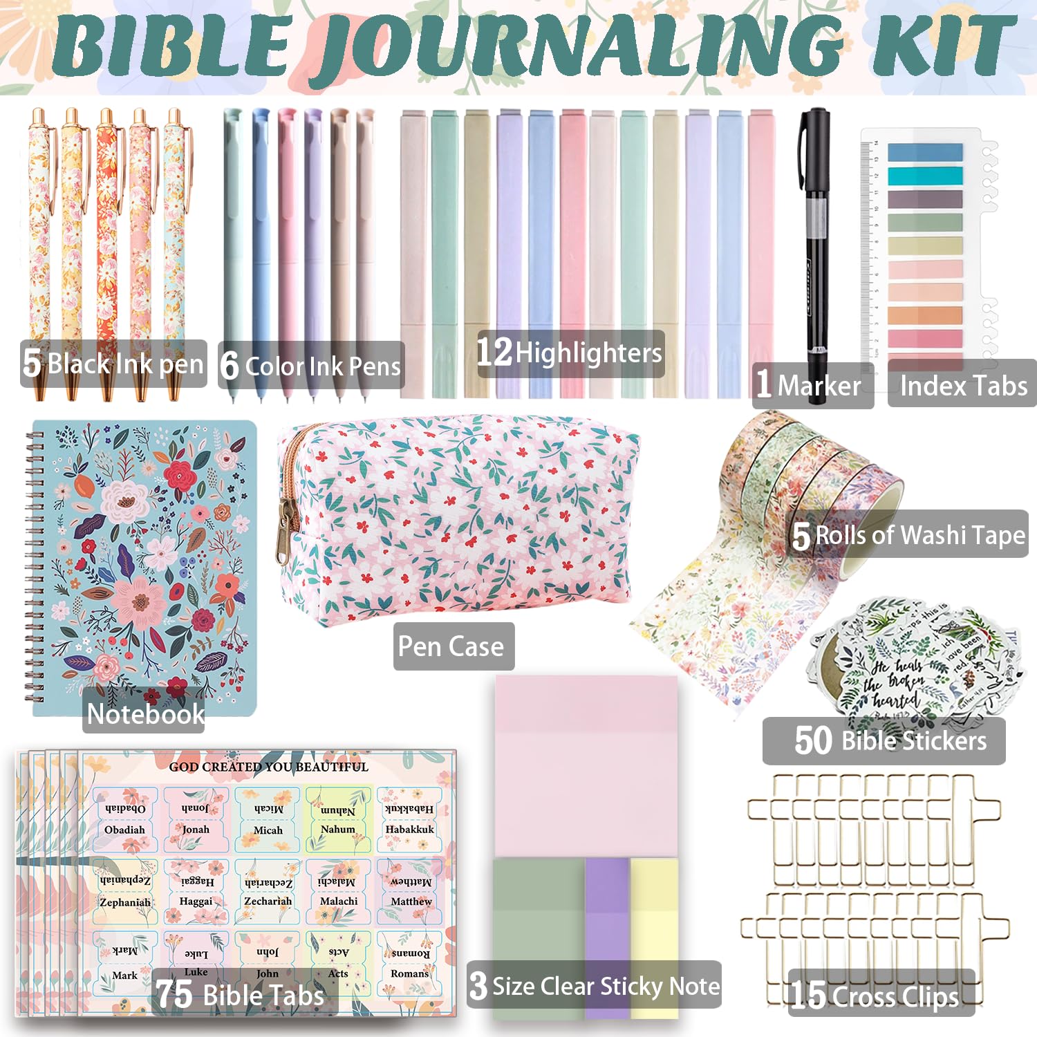 PartyGalore Forniture per lo studio della Bibbia, kit per diario biblico con linguette e quaderni, evidenziatori e penne bibliche senza sanguinamento, kit di studio biblico per donne