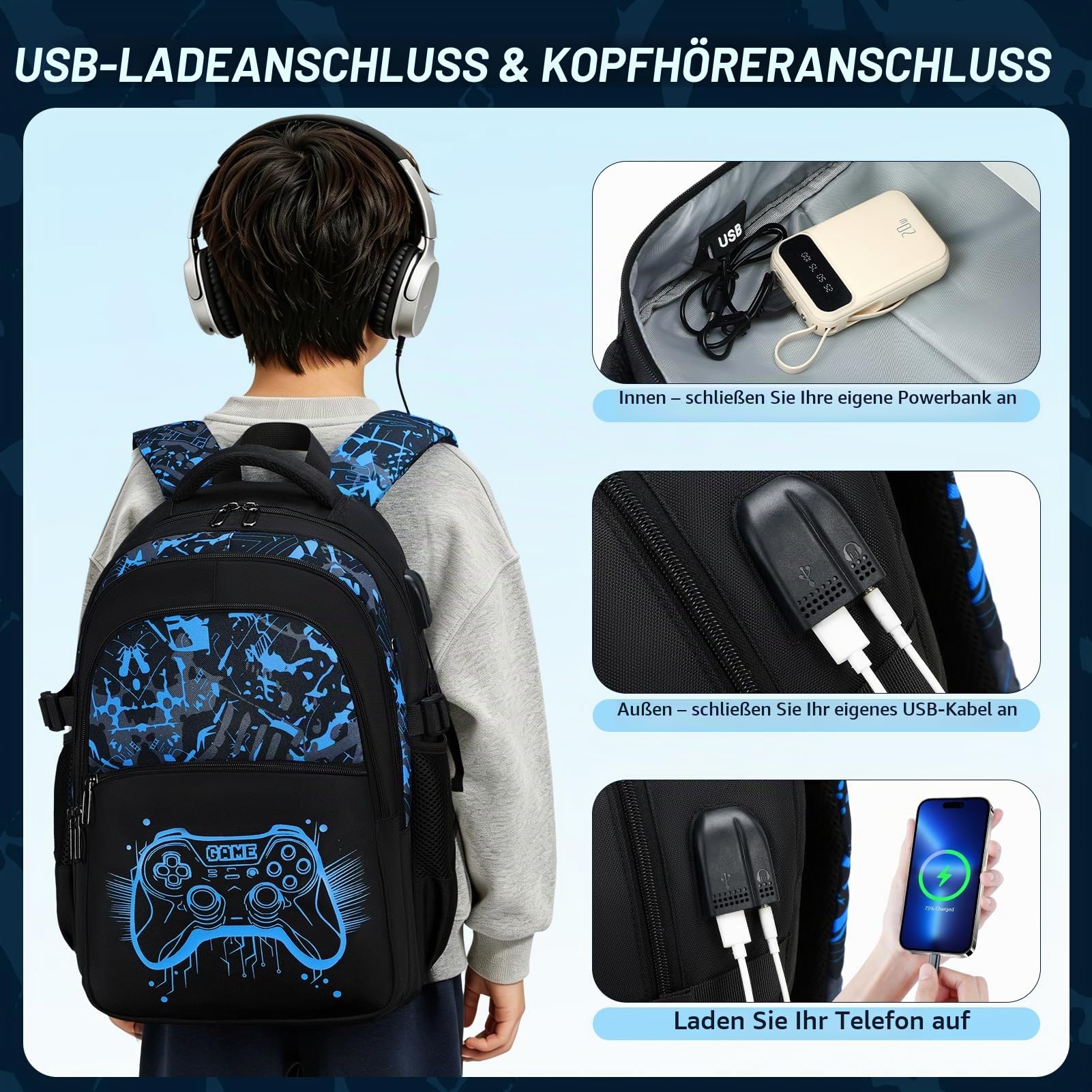 Schulrucksack Set Jungen mit Federmäppchen, Gaming Design | Großer Schulrucksack mit Leuchtendem Gaming Design, Ideal für Grundschule und Sekundarstufe