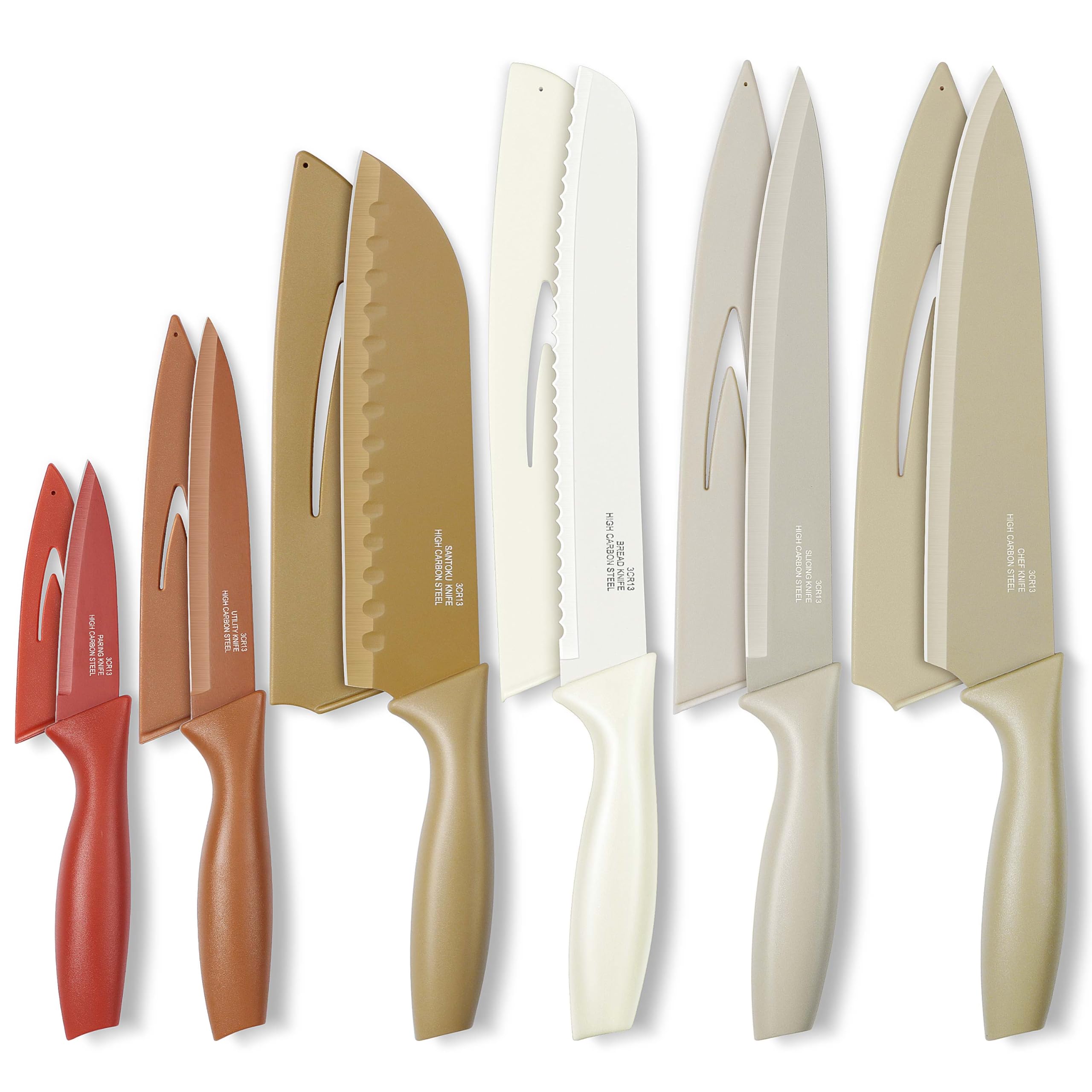 Onader 12 Pieces Kitchen Knife Set with Blade Guards Stainless Steel Sharp Knife Set for Kitchen Multicolor