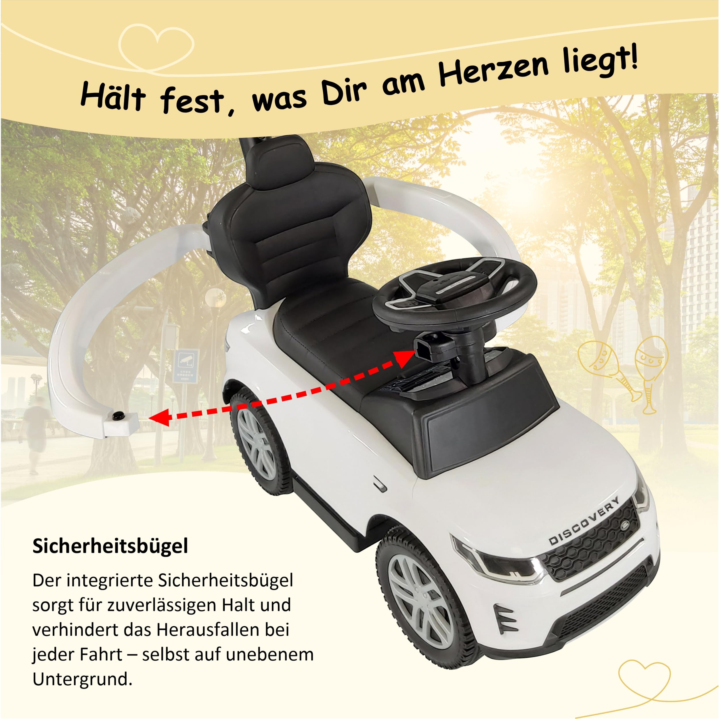 Lemodo Rutschauto ab 1 Jahr – Rutscherfahrzeug weiß Kinderfahrzeug mit Schiebestange und Sicherheitsbügel, Rutscherauto mit Staufach und Sound-Lenkrad, Lizenziertes Kinderspielzeug von Land Rover