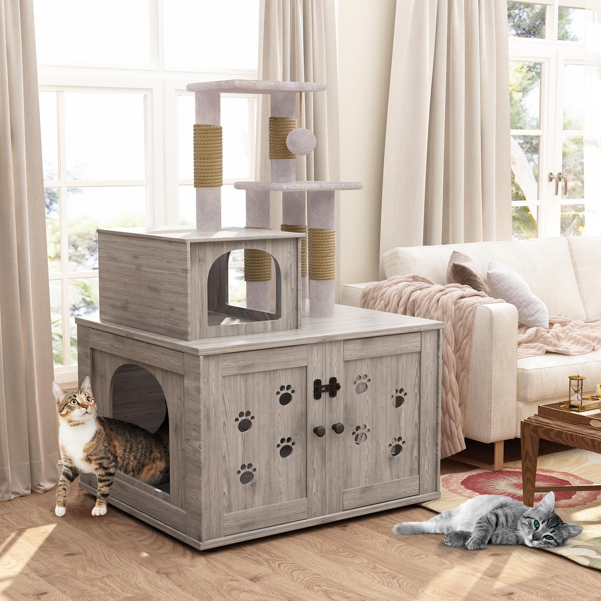 DKLGG Cat Tree with Cat Litter Box Enclosure, Hidden Washroom Furniture with Divider, Large Wooden Cat House with Cat Tree Condo, Sisal Scratching Post, and Soft Plush Perch Platform