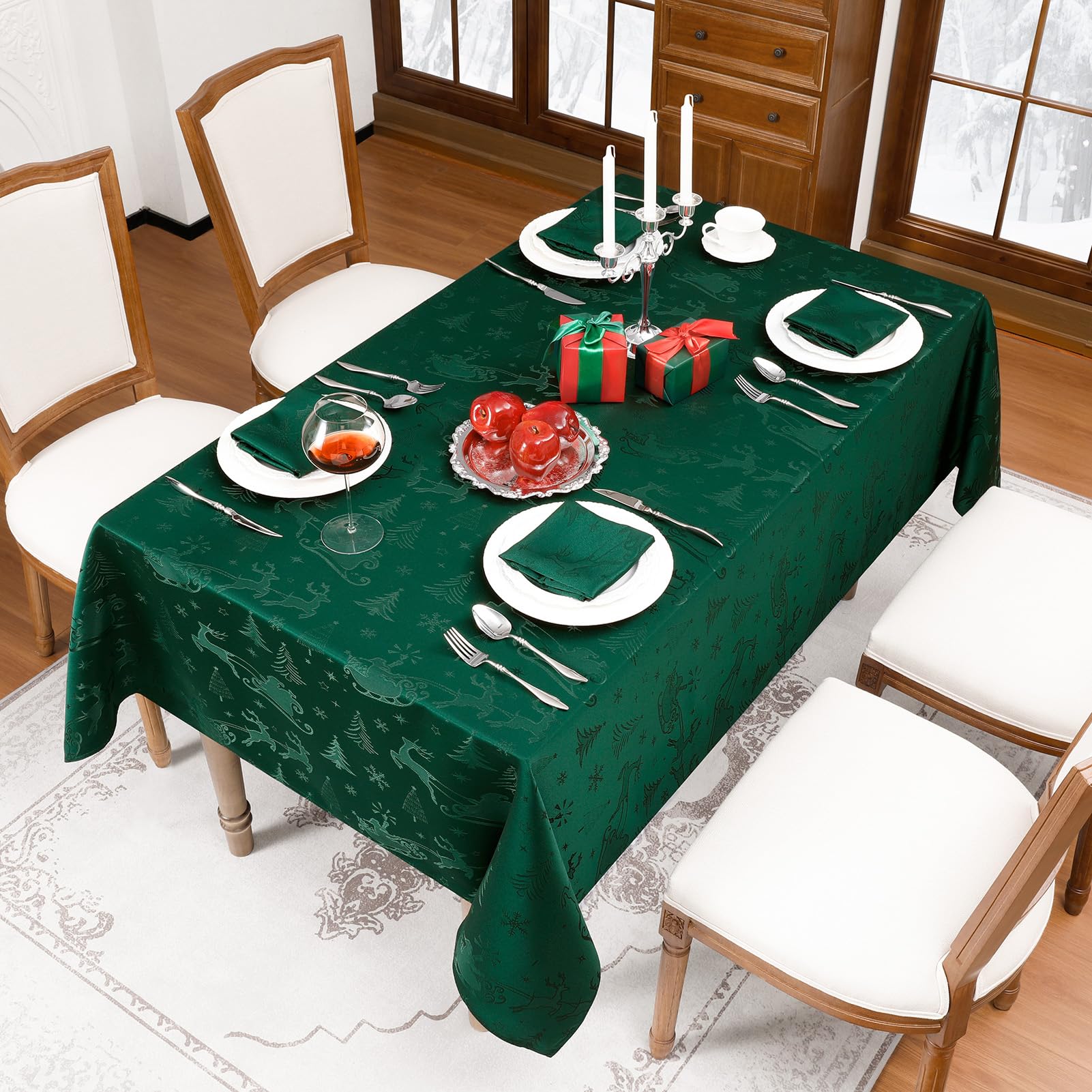 Romanstile Mantel de Navidad verde 350 x 150 cm, grande, lavable e impermeable, jacquard reno y árbol de Navidad, rectangular, XXL, mantel para vacaciones, decoración de Navidad, fiesta, fiesta
