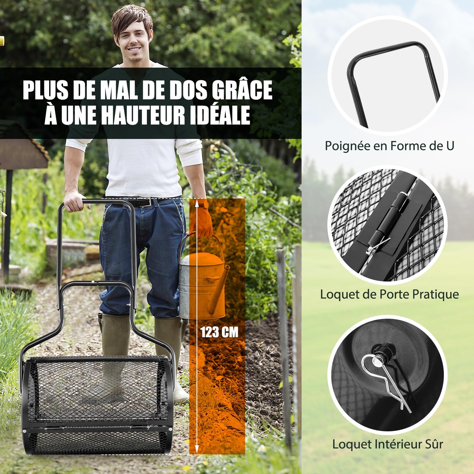 GOPLUS Épandeur de Compost d68cm pour Pelouses et Jardin, Capacité 75L, Épandeur en Treillis Métallique avec Double Loquets Latéraux, Épandeur de Fumier, de Terreau et de Paillis Roulant (Noir)