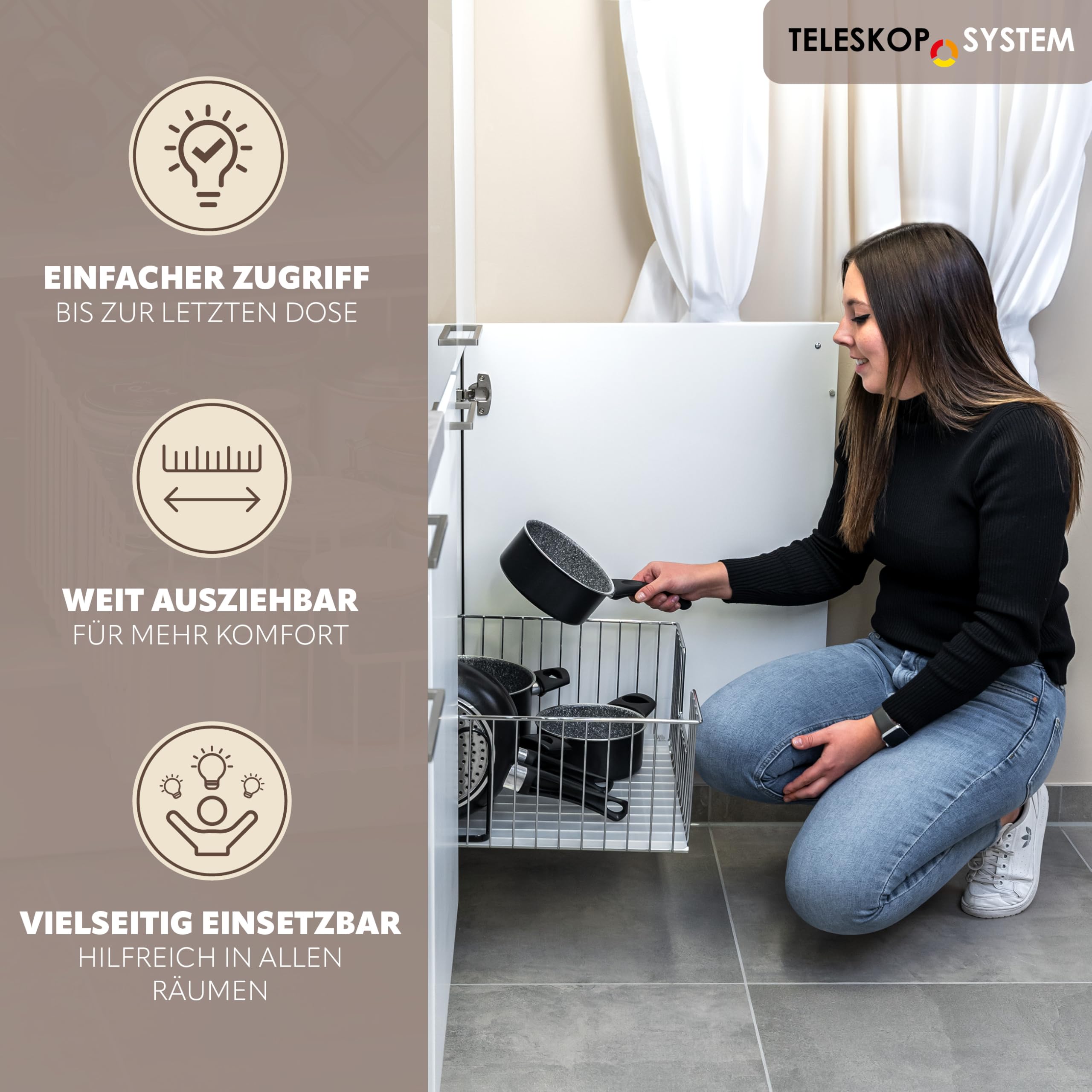 bremermann Schrank-Korbauszug 2er Set 50 cm Breite mit Einlegeboden, Küchenschublade zum Nachrüsten, Vollauszug mit Teleskop-Schienen, ideal für Küche, Bad & Schlafzimmer aus Metall (Chrom)