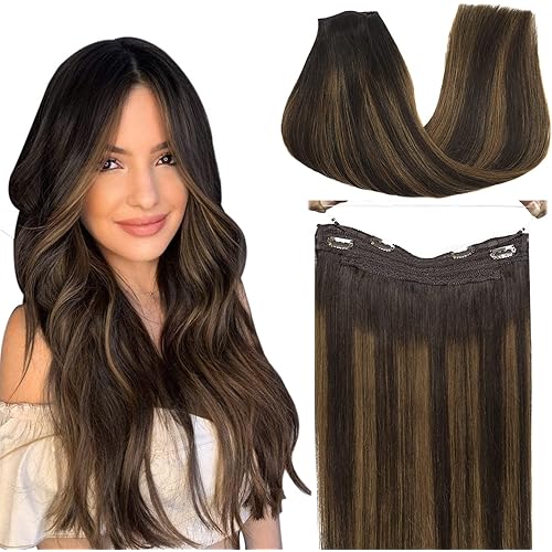 GOO GOO Human Hair Extensions Wire Hair Extensions Balayage Dark Brown to Chestnut Brown Straight 20 Inch 110g Natural Real Hair Extensions Wire Hair Extensions Invisible Hairpiece