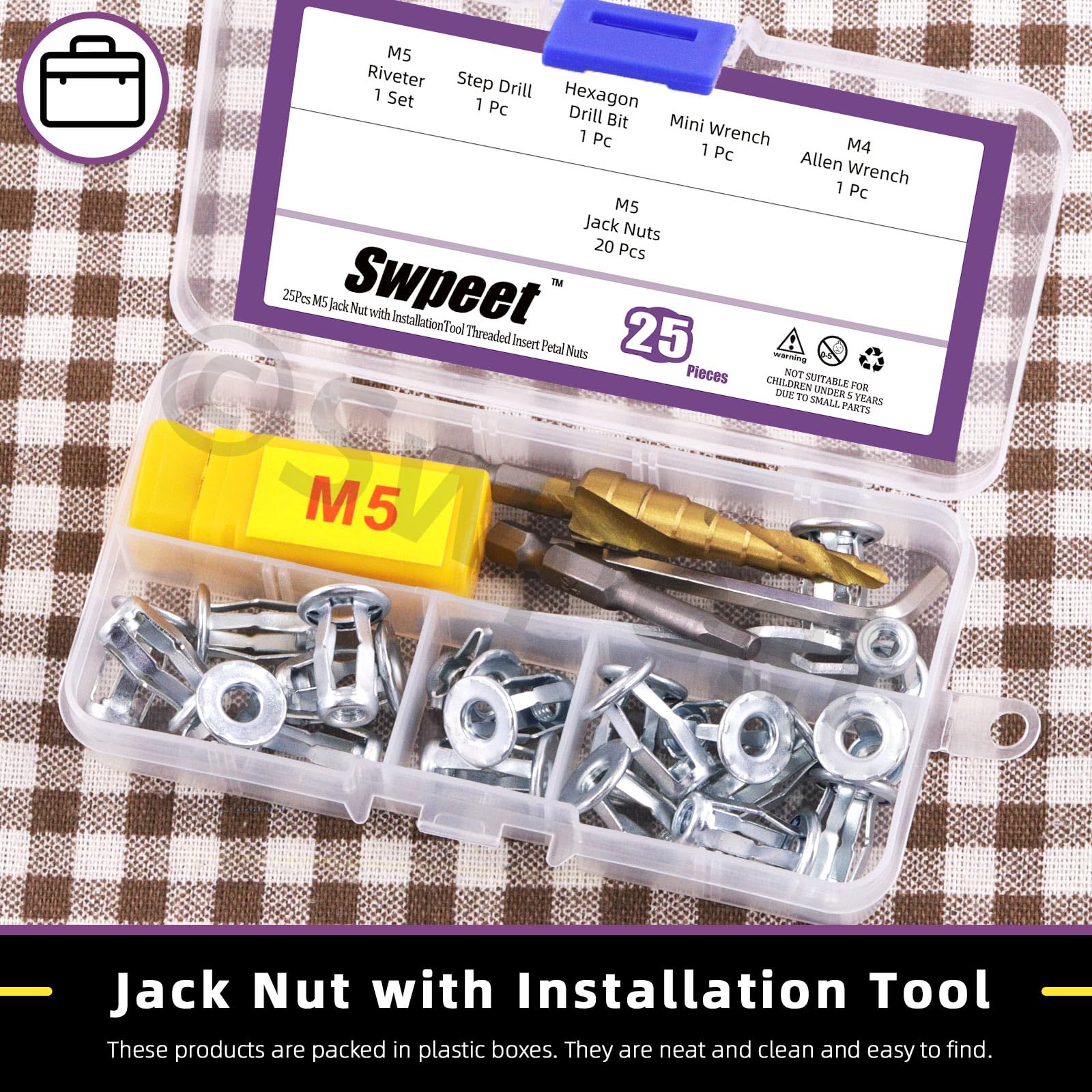 Swpeet 25 tuercas M5 Jack y tuercas de remache de mano M5, mandril con herramienta de instalación, kit surtido, tuercas de flores, tuercas de jacknut, tornillos Phillips Insert Bit hexagonal vástago