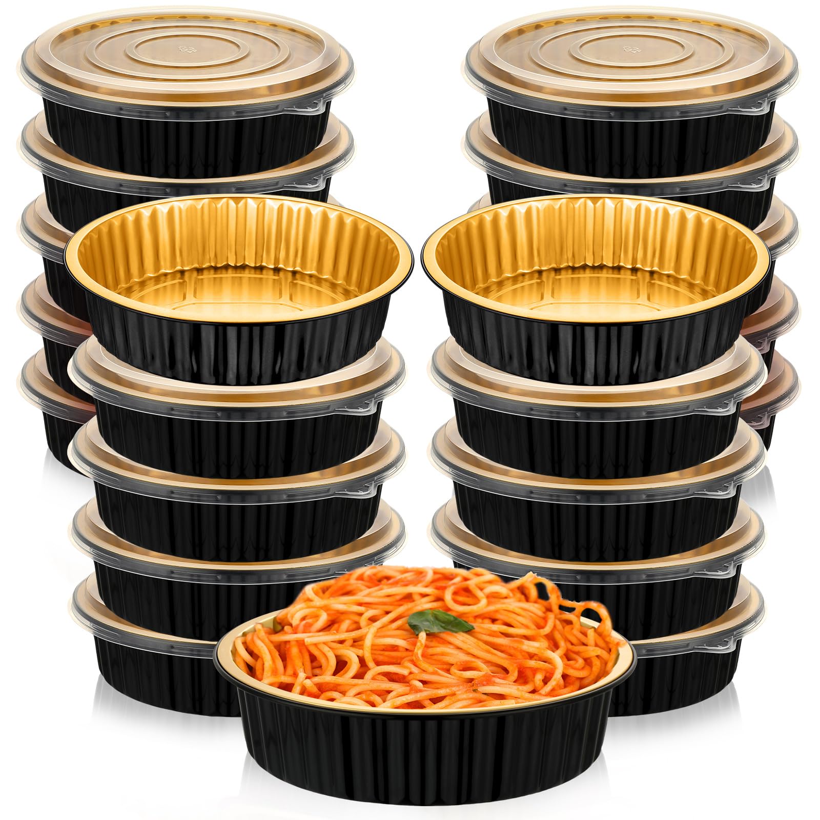 20 Pcs Aluminum Foil Pans with Lids 7 Inch Black Gold 2X Thicker Heavy Duty Foil Pan Disposable Baking Pans with Lids Disposable Cookware Tin Food Containers for Cake Pie Cooking Oven, 31 oz