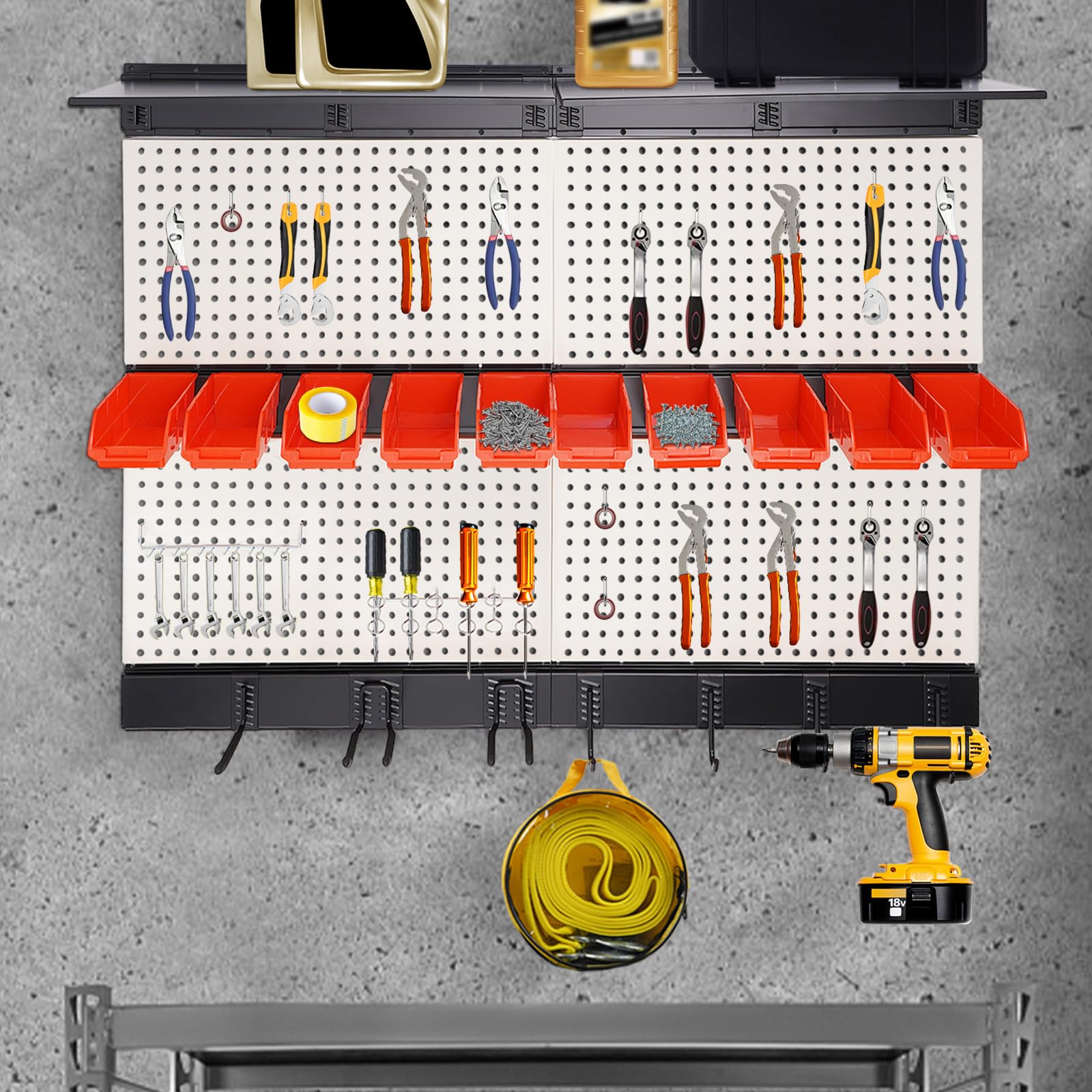 BAIODNB Pegboard Organizer Garage Storage,Pegboard Wall Organizer System Pegboard Hooks Set Utility Tool Storage Rack,Utility Storage Shelf Up to 330.69 lbs (White)