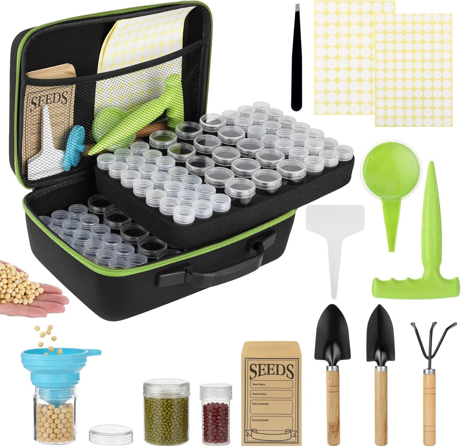 114 Slots Seed Storage Organizer Kit, Waterproof Portable Seed Box with Envelopes, Funnel, Shovels, Tweezers, Labels, Garden Saver Kit for Flower, Vegetable, Plant, Green