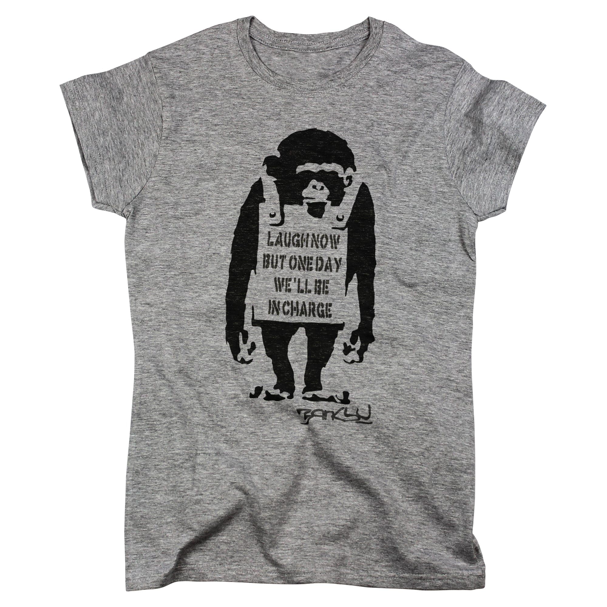Nutees Women's Sports Grey Banksy Laugh Now Monkey Art Funny Ape T-Shirt (Sports Grey), Small