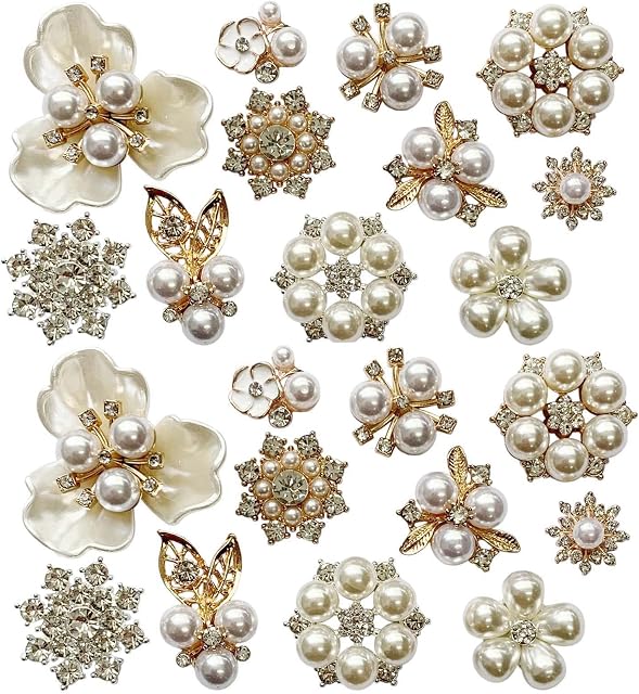Qililandiy 22 Pieces Pearl Rhinestone Buttons Flower Faux Pearl Rhinestone Craft Assorted Alloy Floral Pendants for DIY Jewelry Making Clothes and Wedding Crafts, Gold and Silver